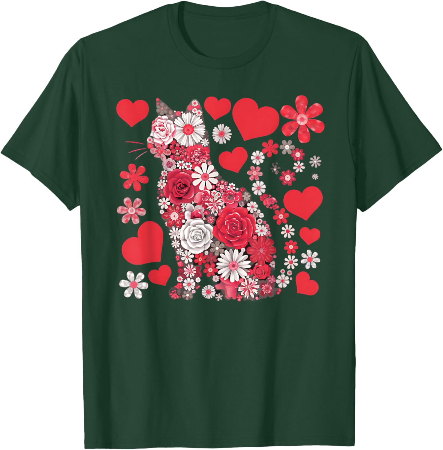 Cute Cat Floral Hearts Valentine’s Day T-Shirt for Kids and Adults - 9