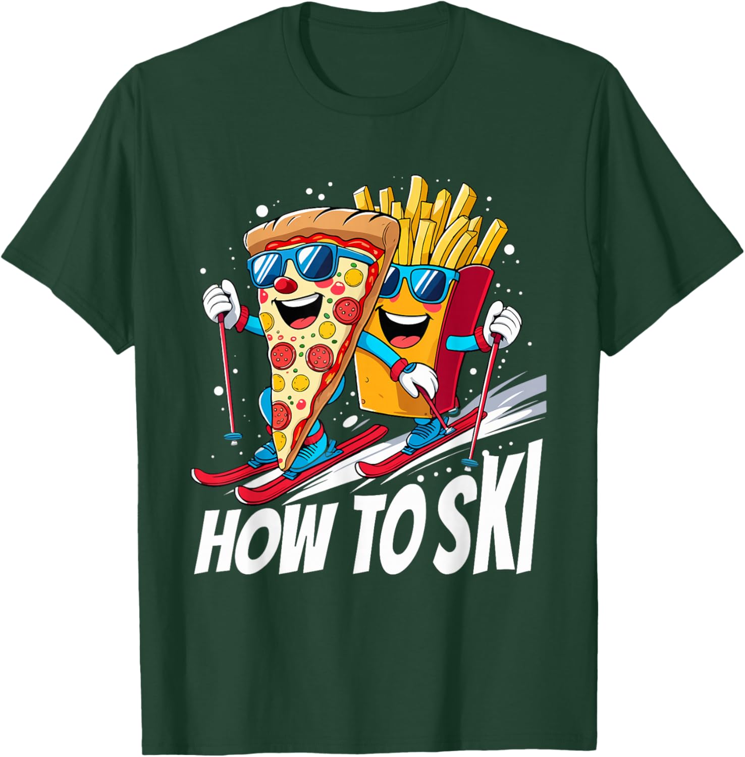 Funny Pizza French Fries Skiing T-Shirt for Ski Lovers and Enthusiasts - 27