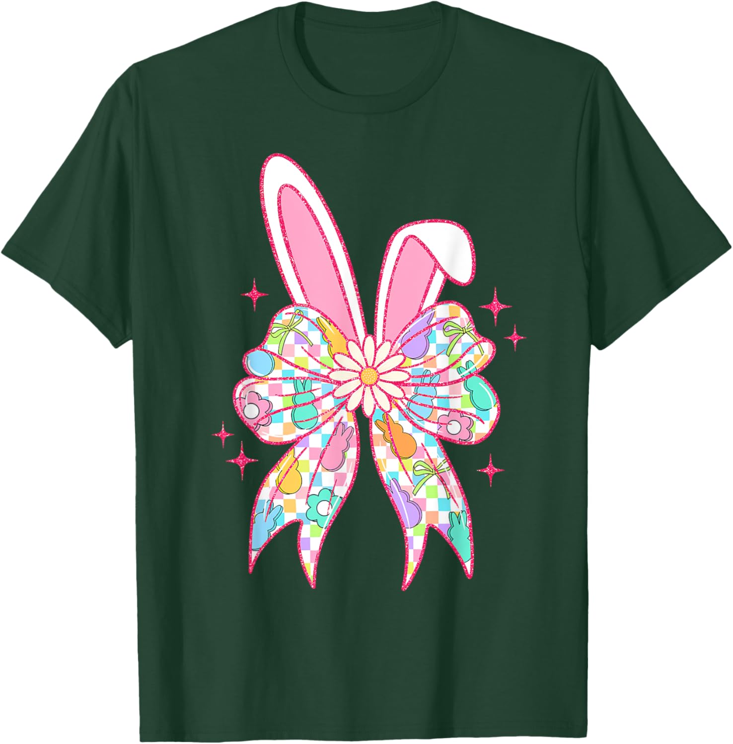 Groovy Checkered Bunny Bow Ears T-Shirt for Girls and Teens - 11