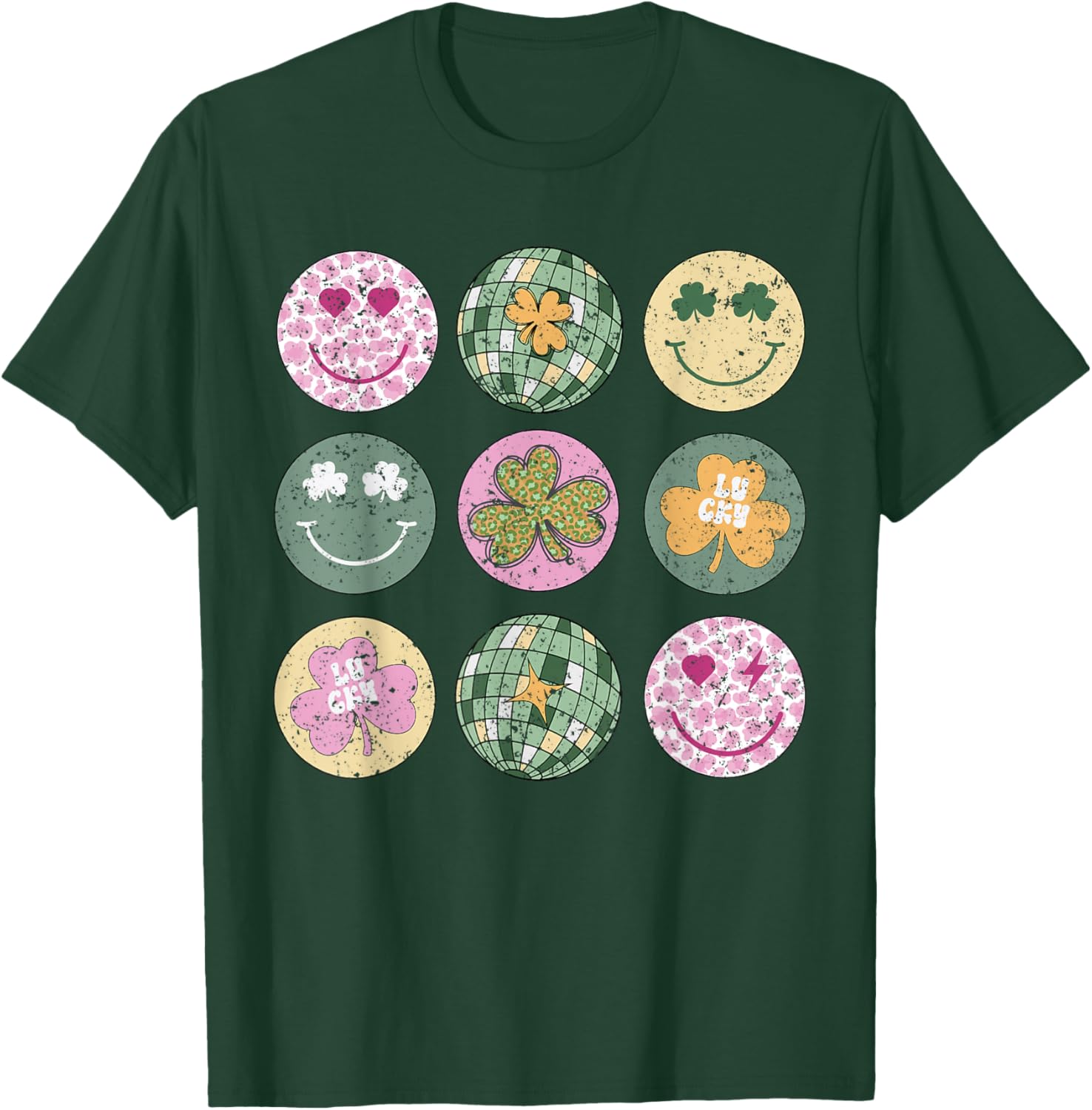 Shamrock Smile Face Disco Ball T-Shirt for Retro St Patricks Day Fun - 1