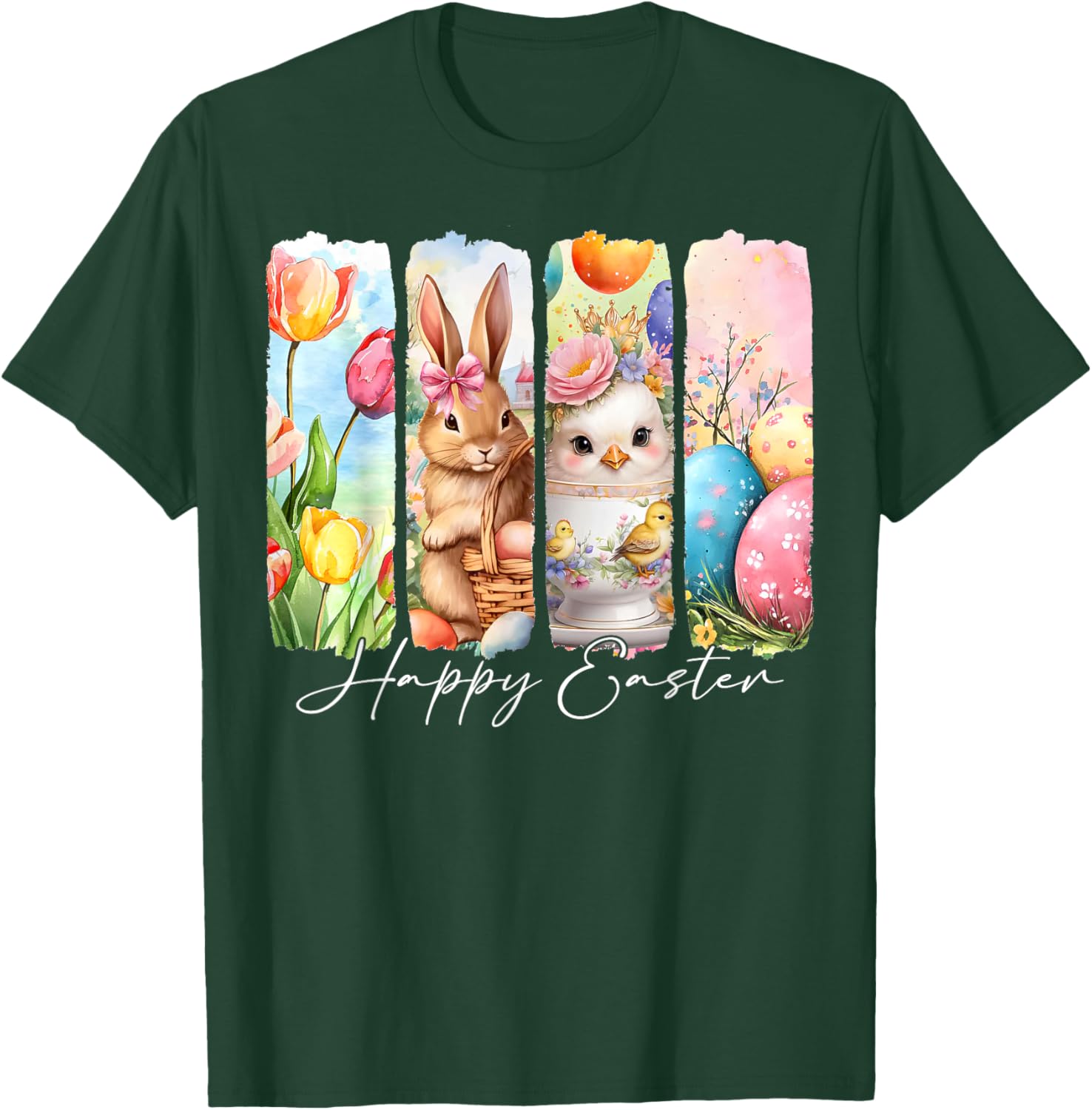 Retro Bunny and Chick Happy Easter T-Shirt with Floral Design - 9