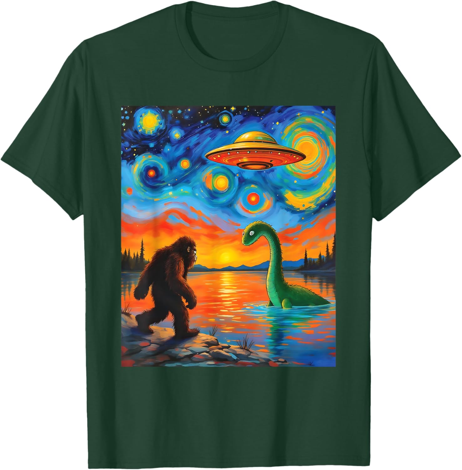 Bigfoot UFO Alien Encounter T-Shirt Inspired by Van Gogh's Starry Night - 26