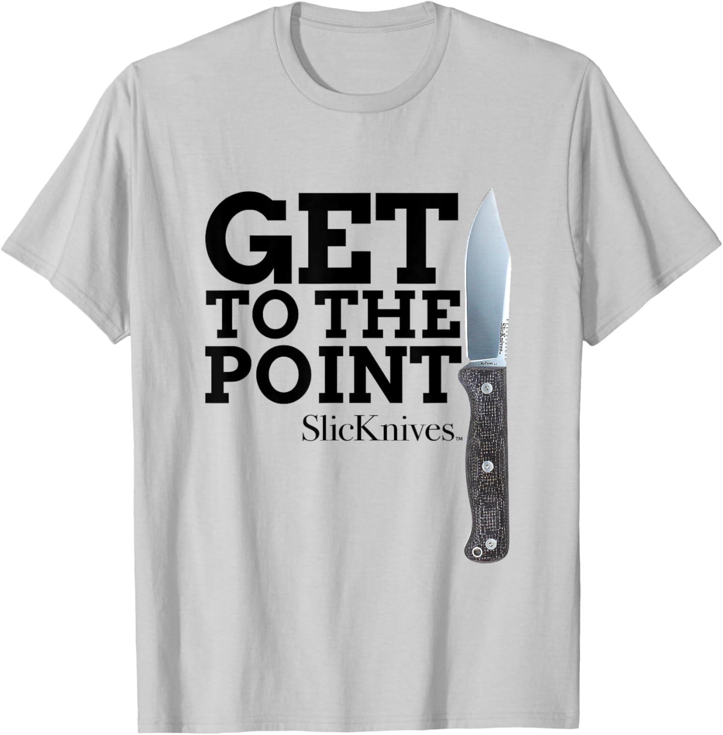 SlicKnives ClipPoint 4.5 Knife T-Shirt with Brown Grip and Black Text - 6