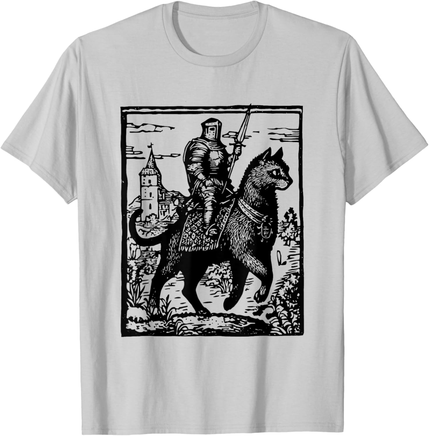 Funny 90s Knight Cat Rider T-Shirt | Retro Dark Art Cat Meme Tee - 13