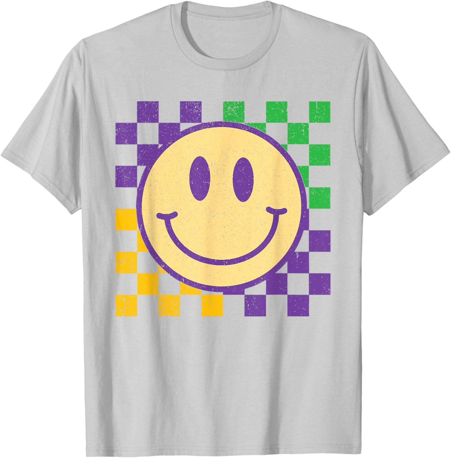 Groovy Mardi Gras Smile Face Checkered T-Shirt for Men, Women, Kids - 6