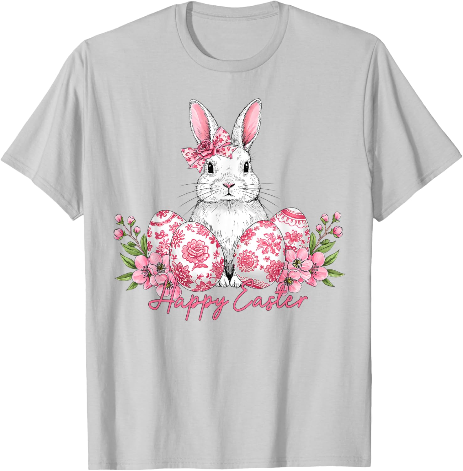 Happy Easter Chinoiserie Floral Bunny Bow T-Shirt for Festive Style - 12