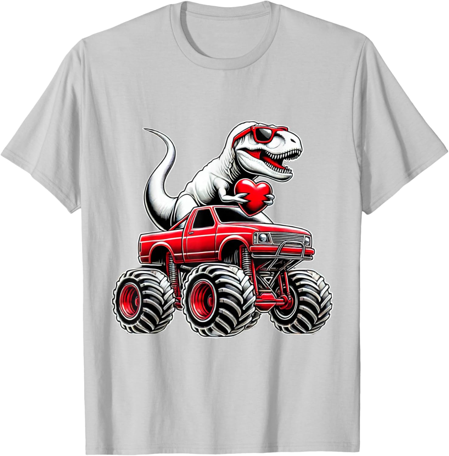 Funny T Rex Riding Monster Truck T-Shirt for Boys Celebrating Valentine's Day - 5