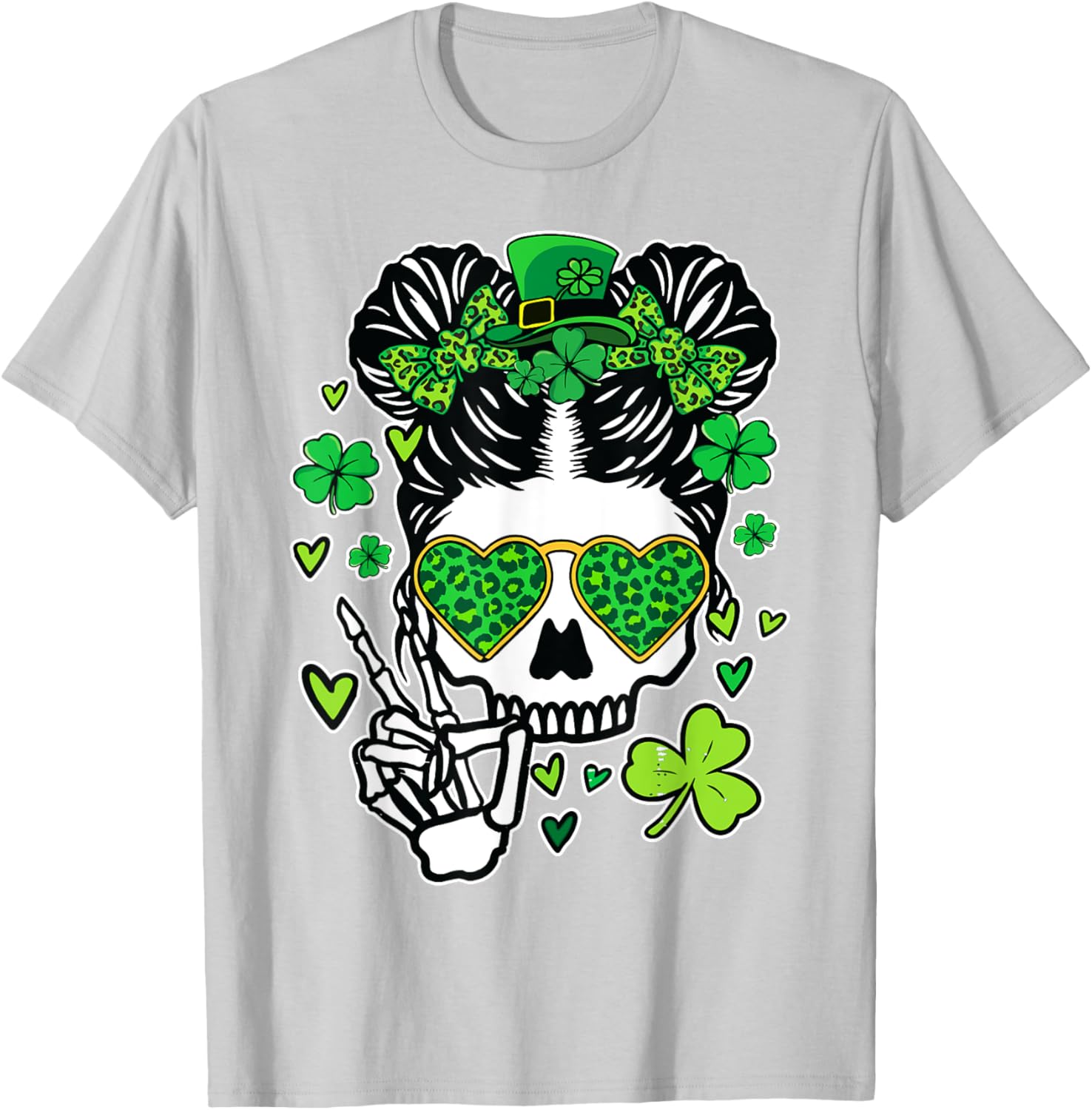 St Patrick's Day Skull Messy Bun Women’s T-Shirt for Festive Style - 3