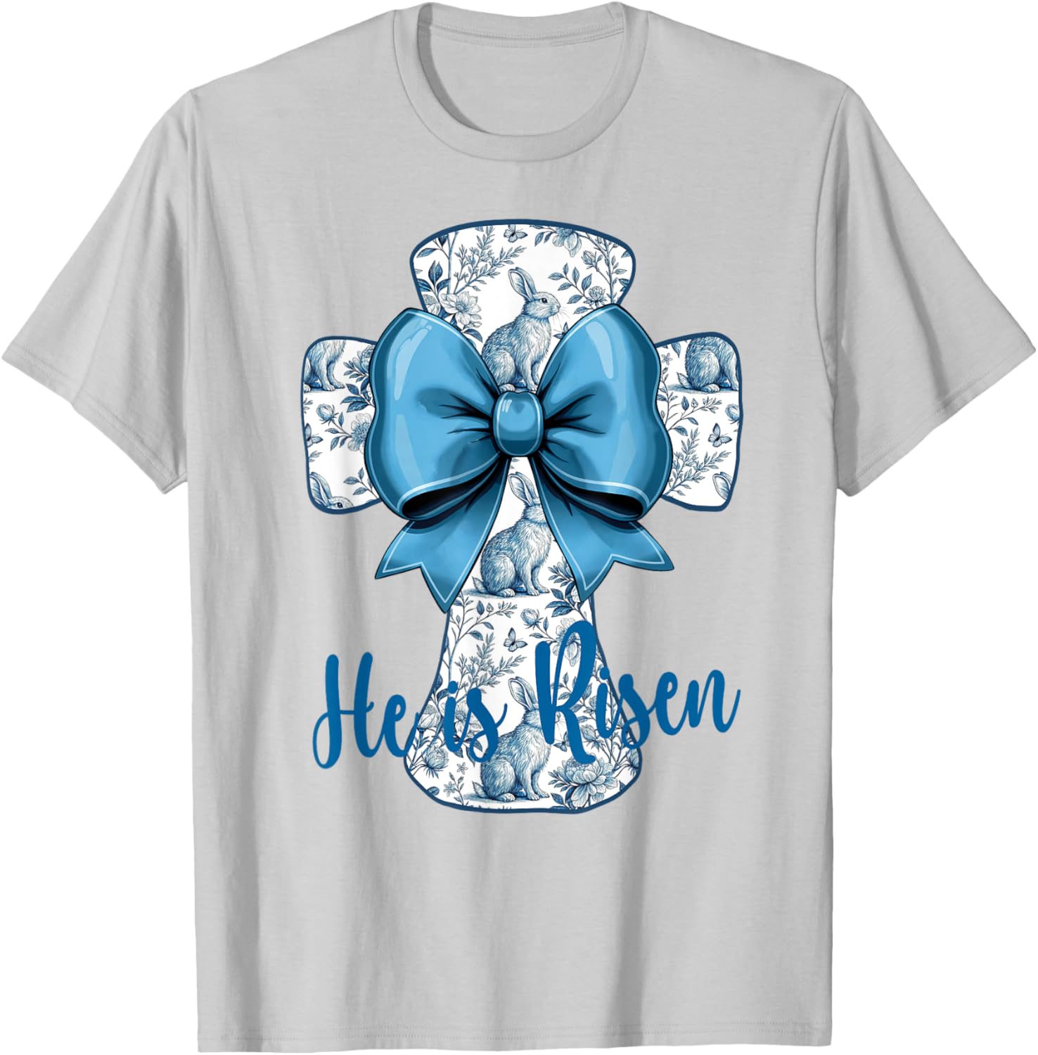 He Is Risen Blue Toile Cross Easter Christian T-Shirt for Faith Fans - 1
