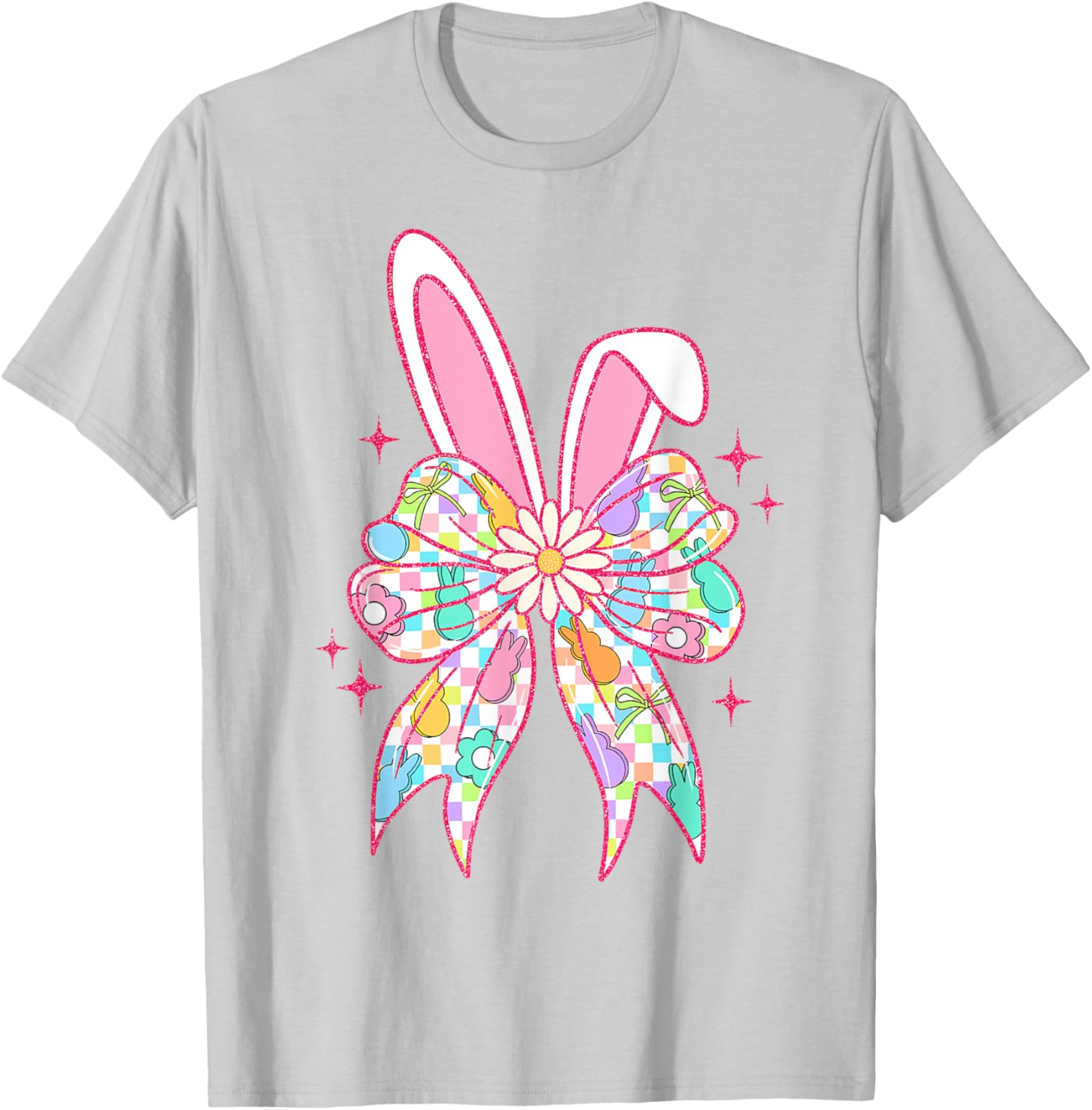 Groovy Checkered Bunny Bow Ears T-Shirt for Girls and Teens - 20