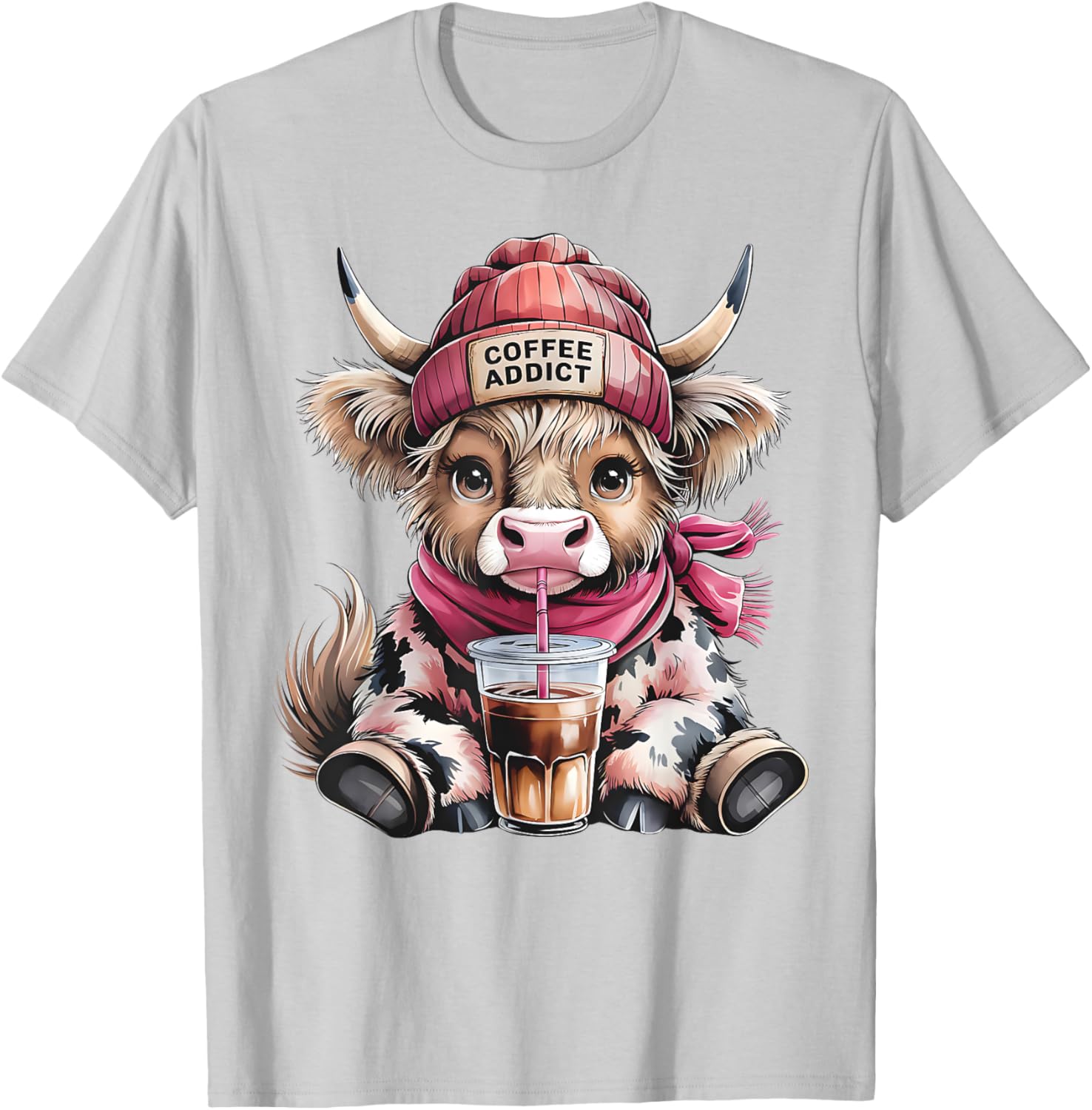 Cute Highland Cow Coffee Addict T-Shirt for Women with Beanie Hat - 11