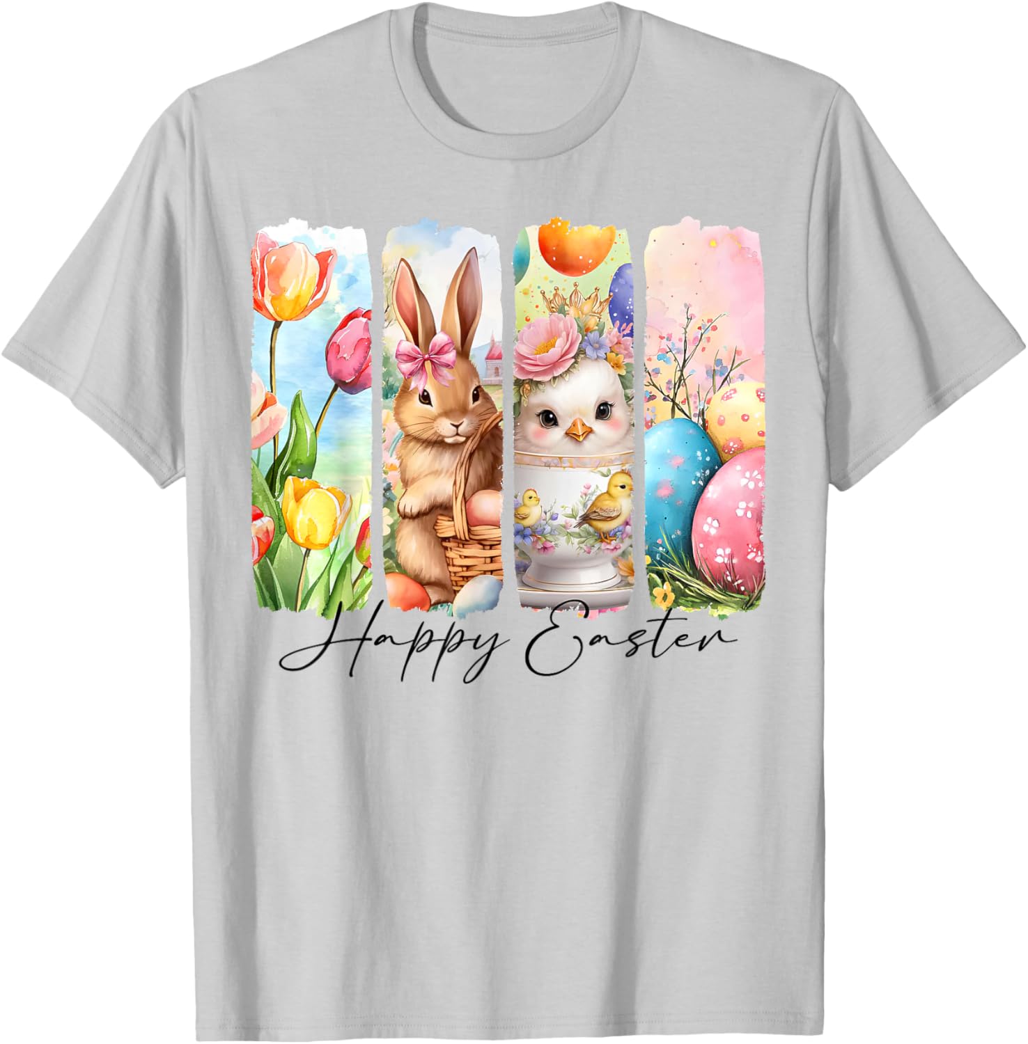 Retro Happy Easter Bunny and Chick T-Shirt with Floral Design - 5