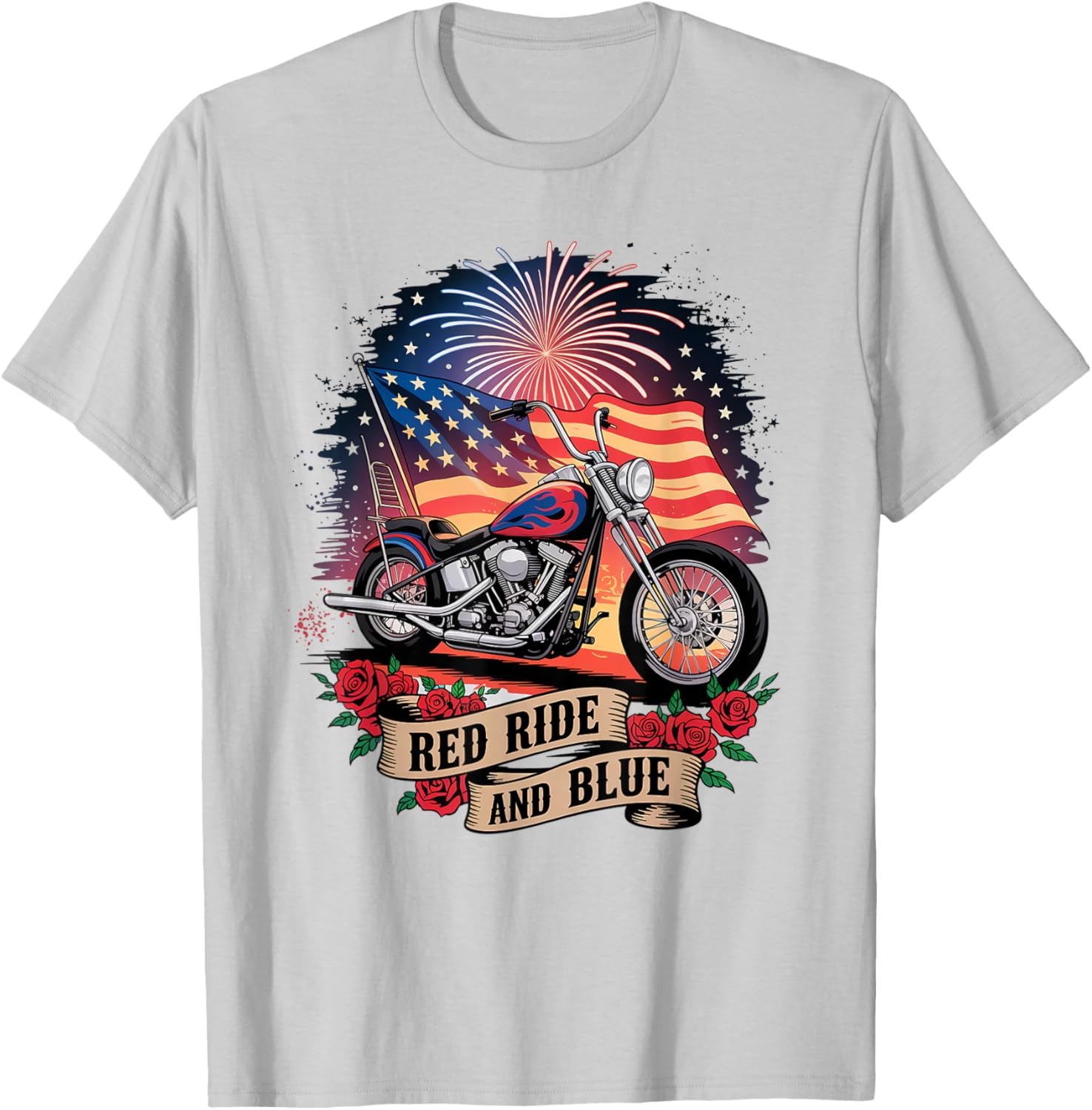 Patriotic USA Biker T-Shirt with American Flag Red Ride & Blue Design - 1