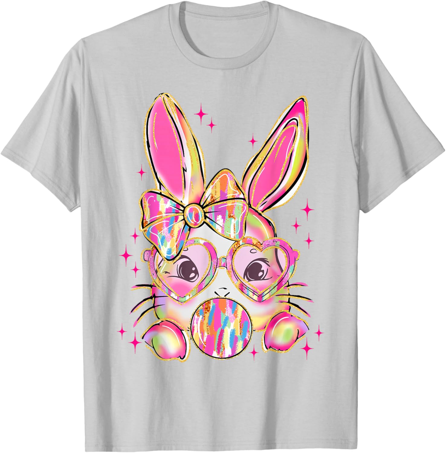 Cute Brushstroke Bunny Blowing Bubble Gum Easter Bow T-Shirt for Kids - 16