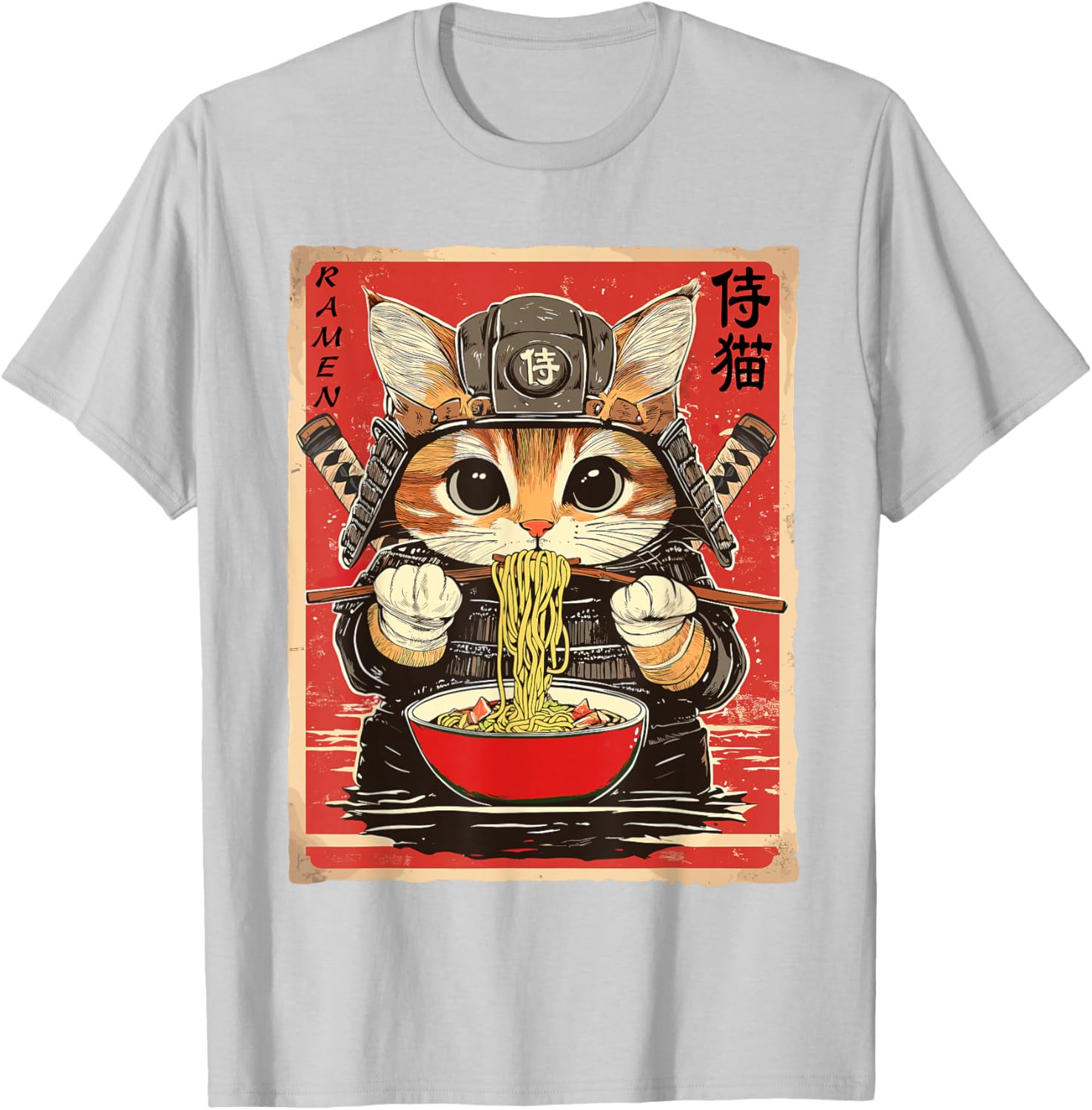 Japanese Samurai Ninja Cat Eating Ramen Funny T-Shirt for Cat Lovers - 21