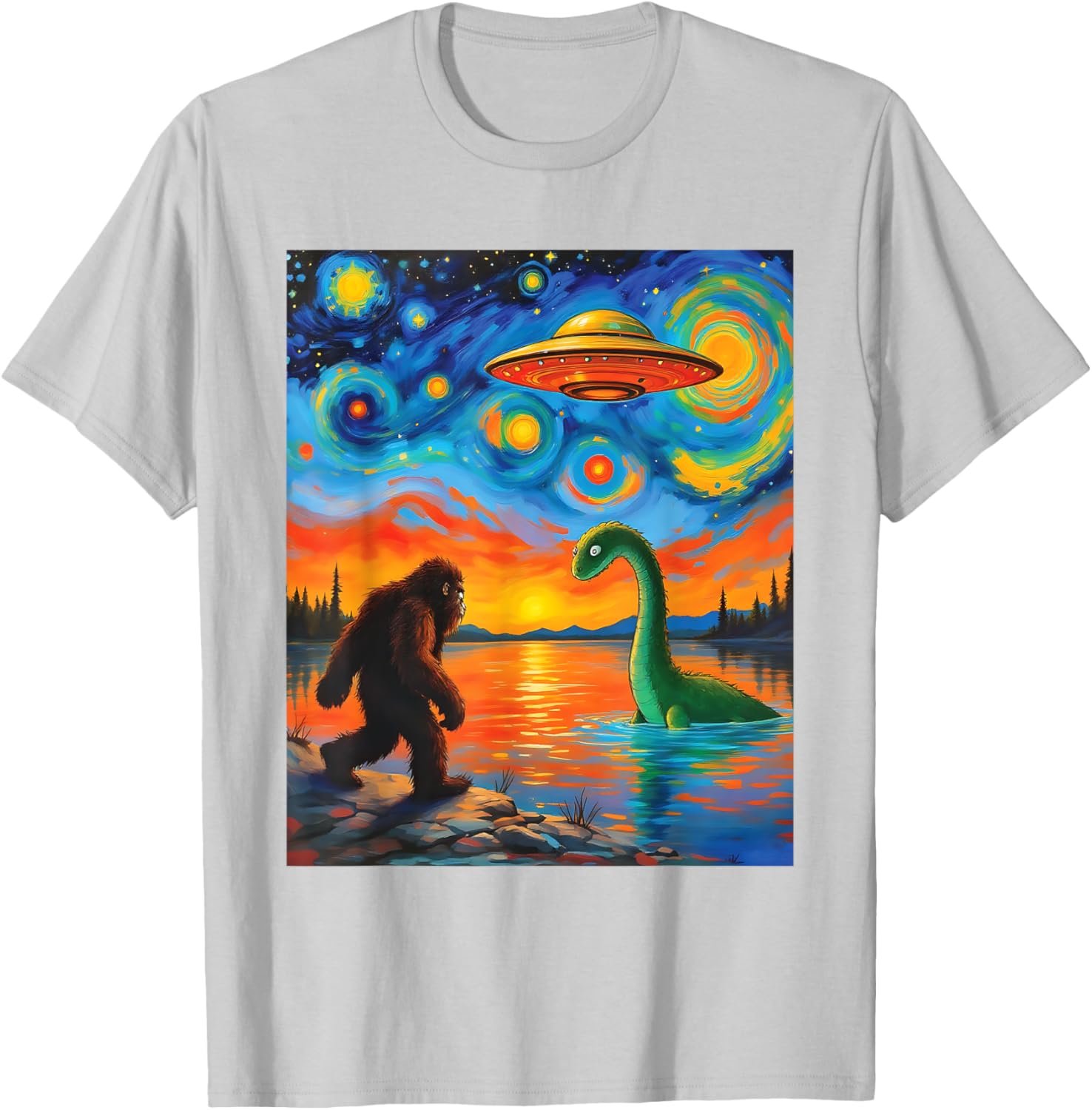 Bigfoot UFO Alien Encounter T-Shirt Inspired by Van Gogh's Starry Night - 15