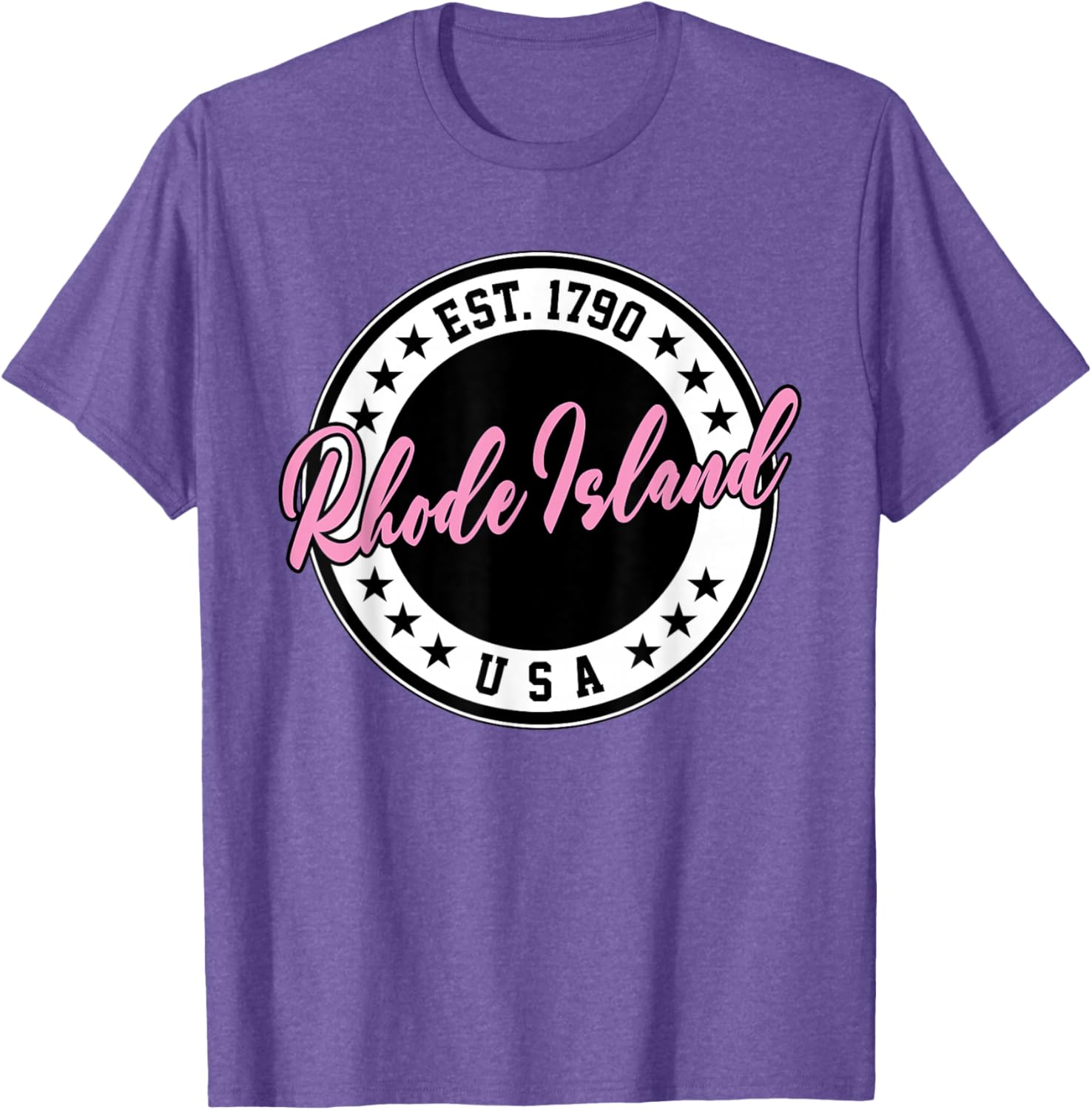 Rhode Island USA Script Circle Pink Text T-Shirt for Stylish Comfort - 24