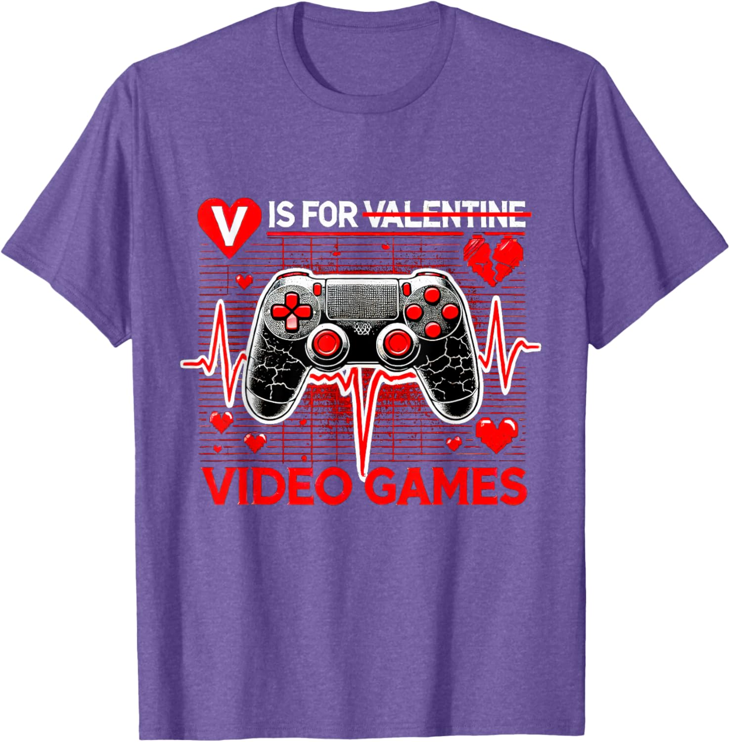 V Is For Video Games Heartbeat Valentine's Day T-Shirt for Gamers - 14