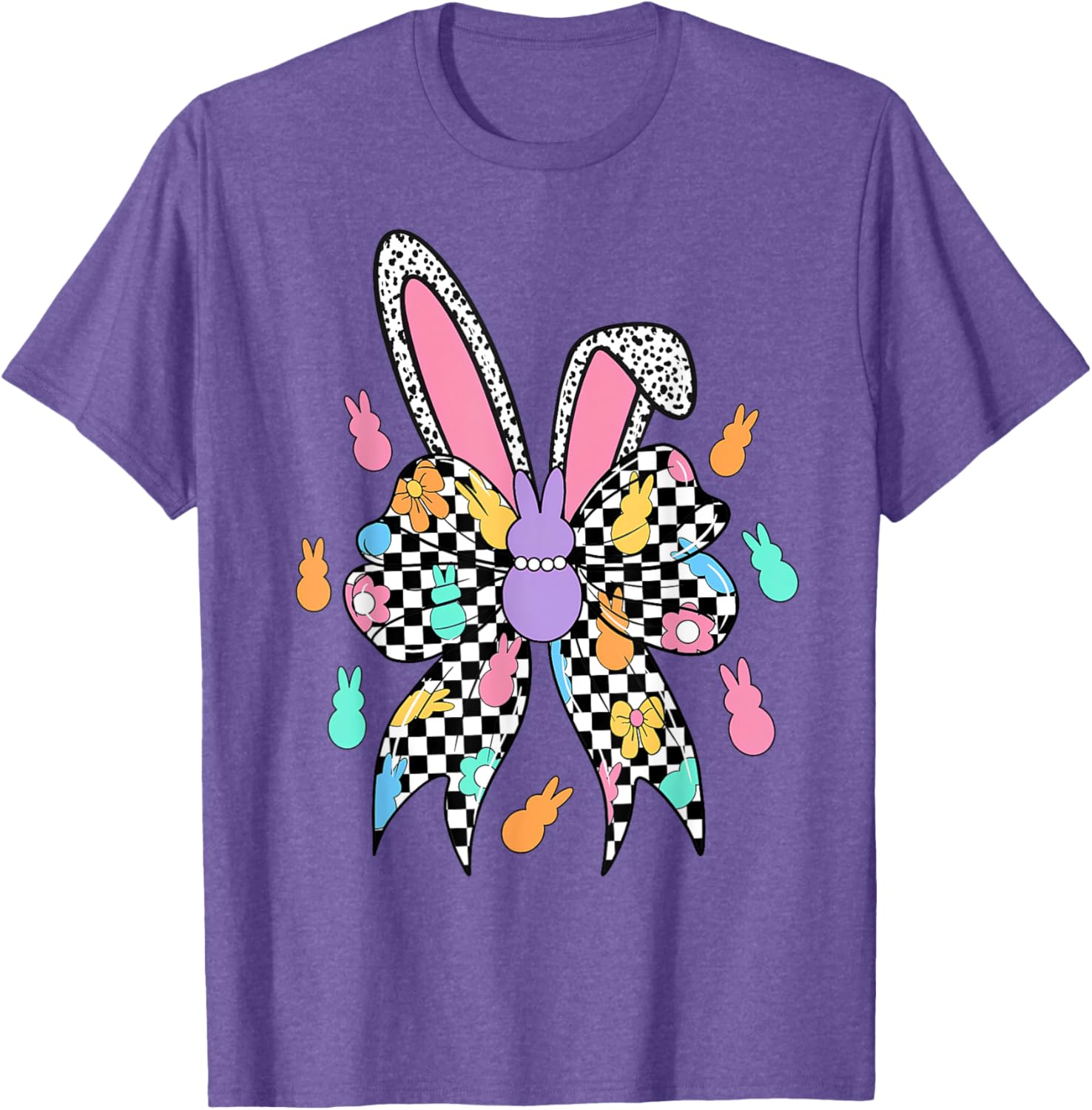 Happy Easter Checkered Bunny Bow Ears T-Shirt for Women and Girls - 6