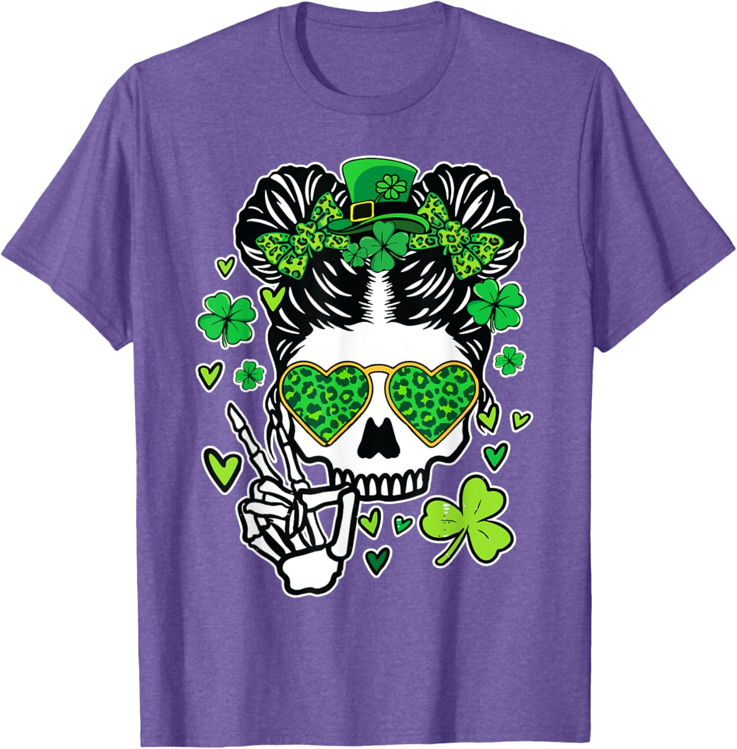St Patrick's Day Skull Messy Bun Women’s T-Shirt for Festive Style - 21
