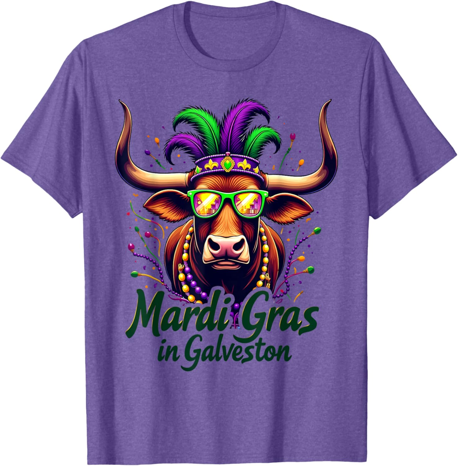 Mardi Gras Beads Galveston Cow Longhorn Texas T-Shirt for Festive Fun - 1