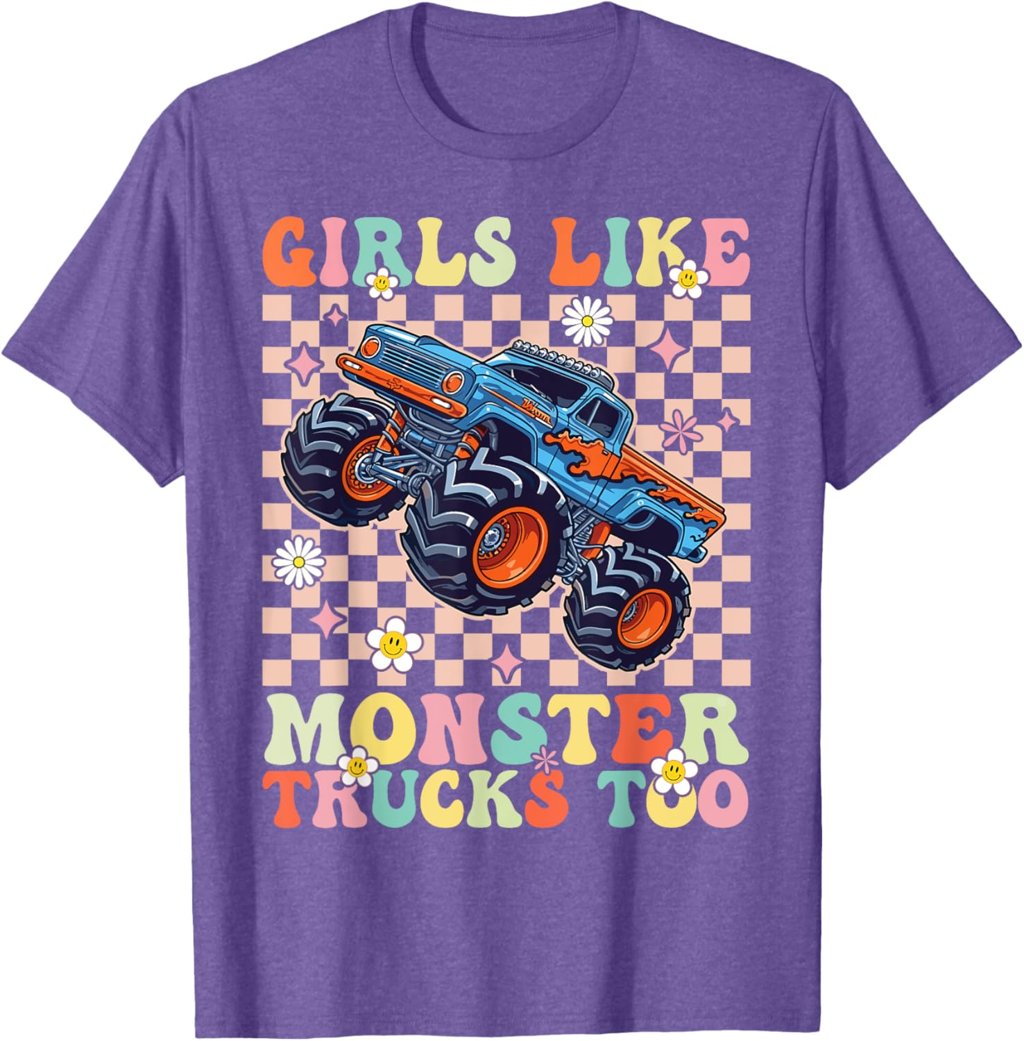 Funny Girls Love Monster Trucks Too Pink T-Shirt for Kids and Teens - 19