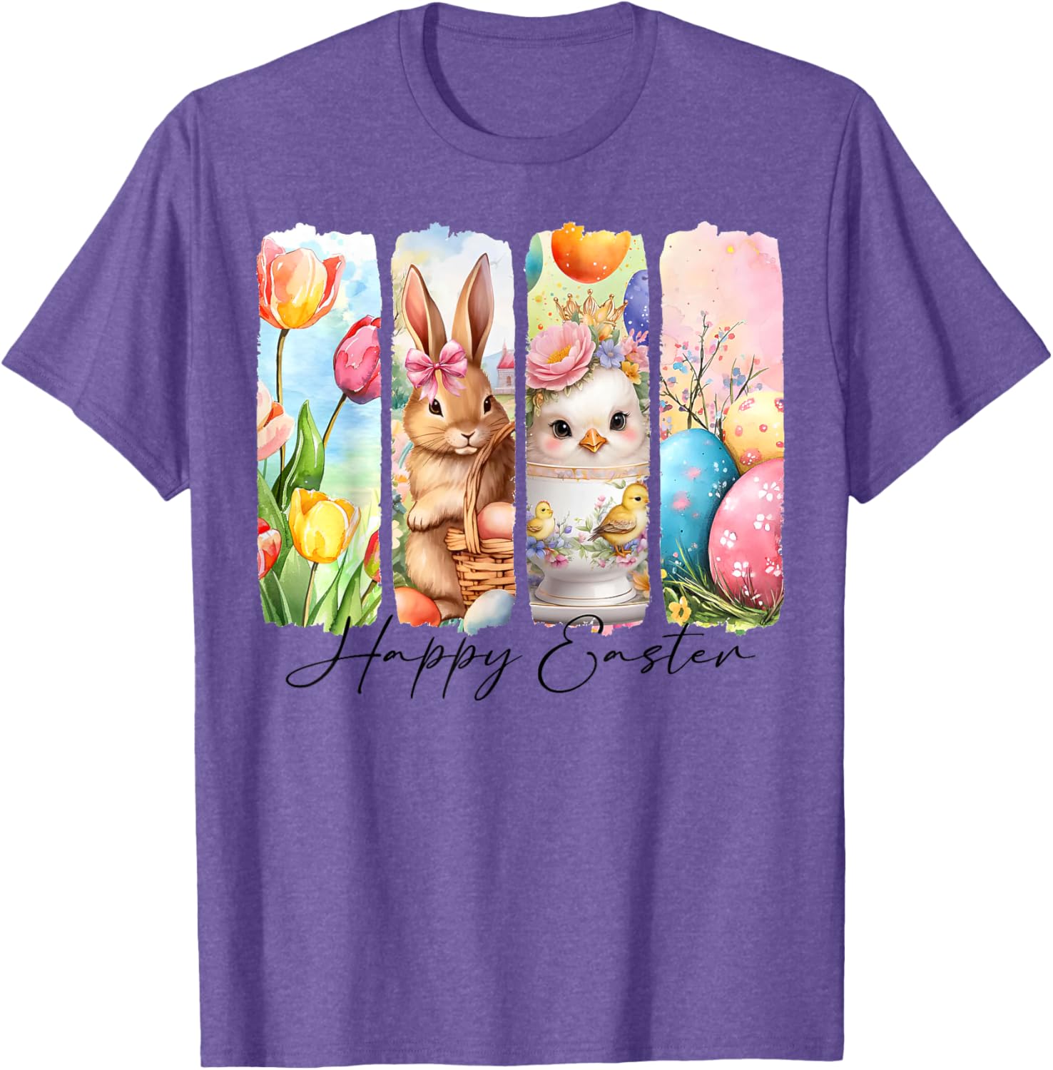 Retro Happy Easter Bunny and Chick T-Shirt with Floral Design - 12
