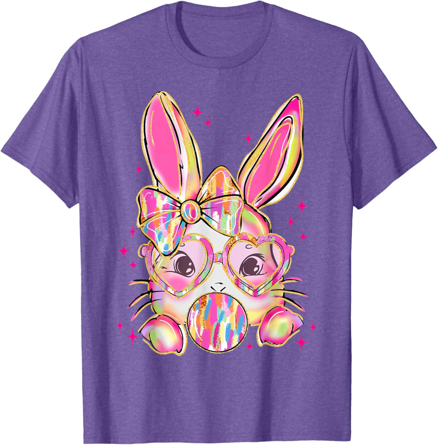 Cute Brushstroke Bunny Blowing Bubble Gum Easter Bow T-Shirt for Kids - 1