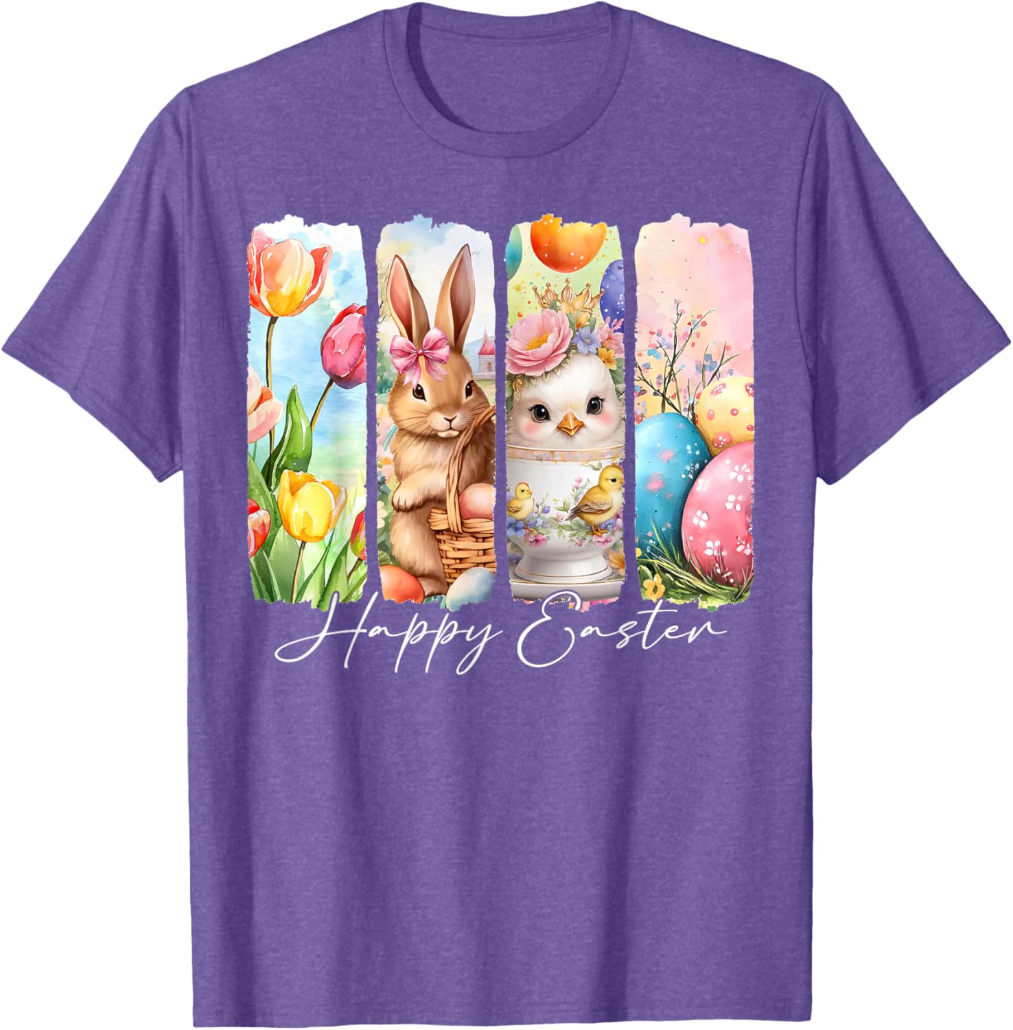 Retro Bunny and Chick Happy Easter T-Shirt with Floral Design - 19
