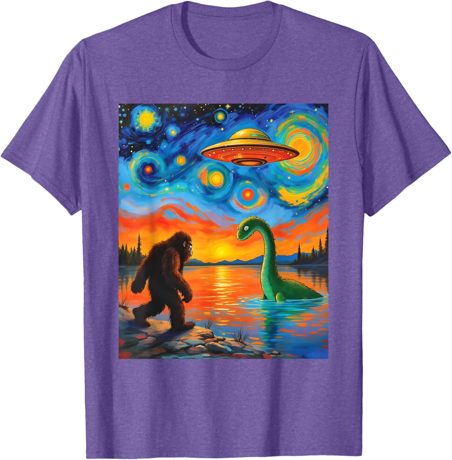 Bigfoot UFO Alien Encounter T-Shirt Inspired by Van Gogh's Starry Night - 19