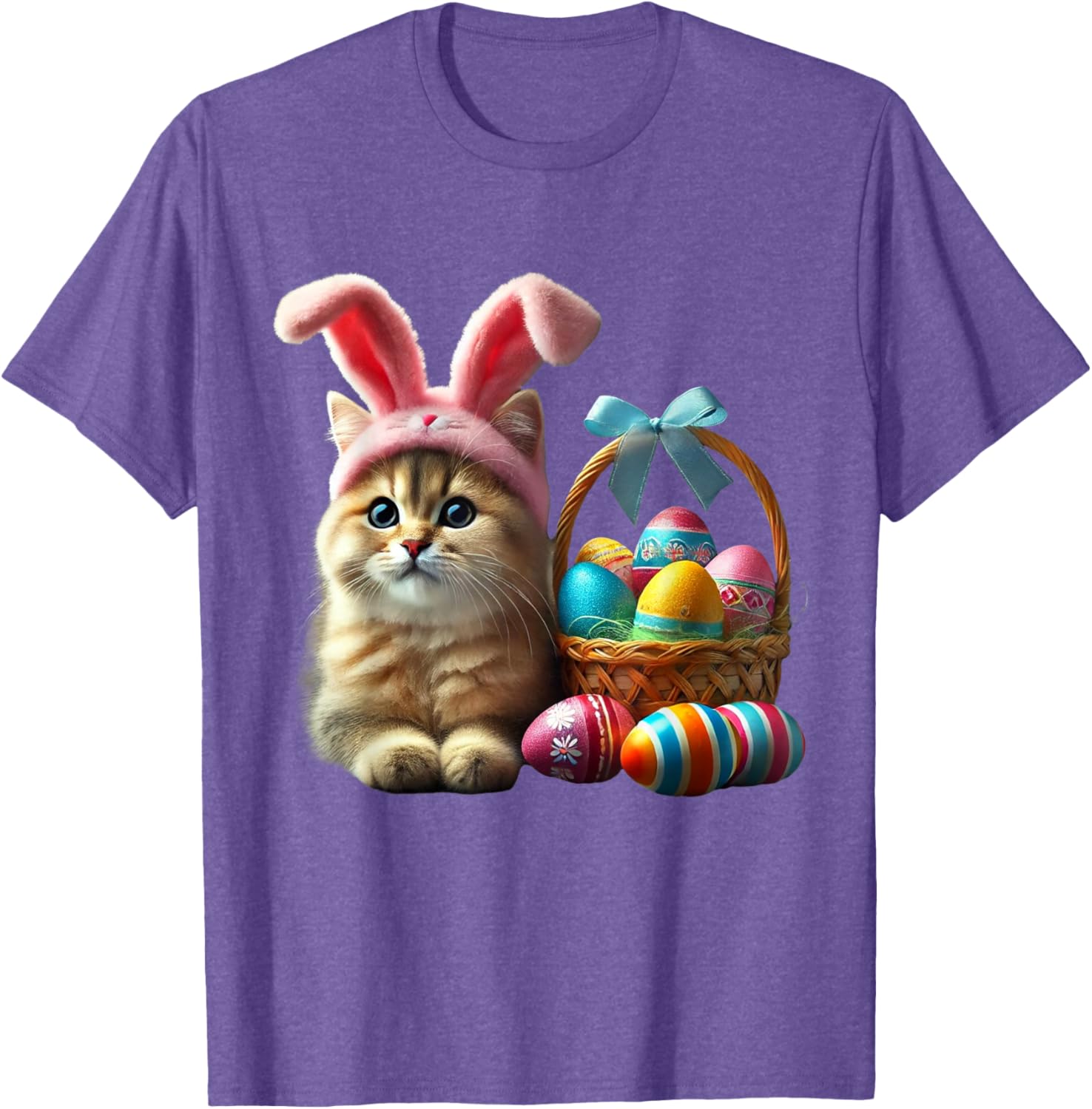Adorable Easter Cat Kids T-Shirt with Bunny Ears and Colorful Eggs - 1