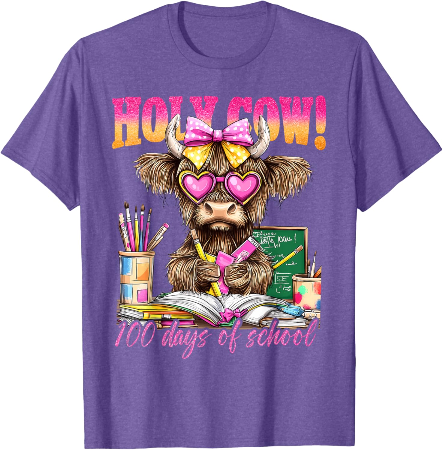 Cute Highland Cow 100 Days of School T-Shirt for Teachers and Kids - 16