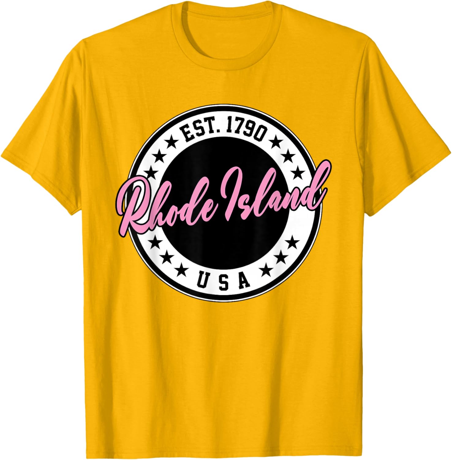 Rhode Island USA Script Circle Pink Text T-Shirt for Stylish Comfort - 28