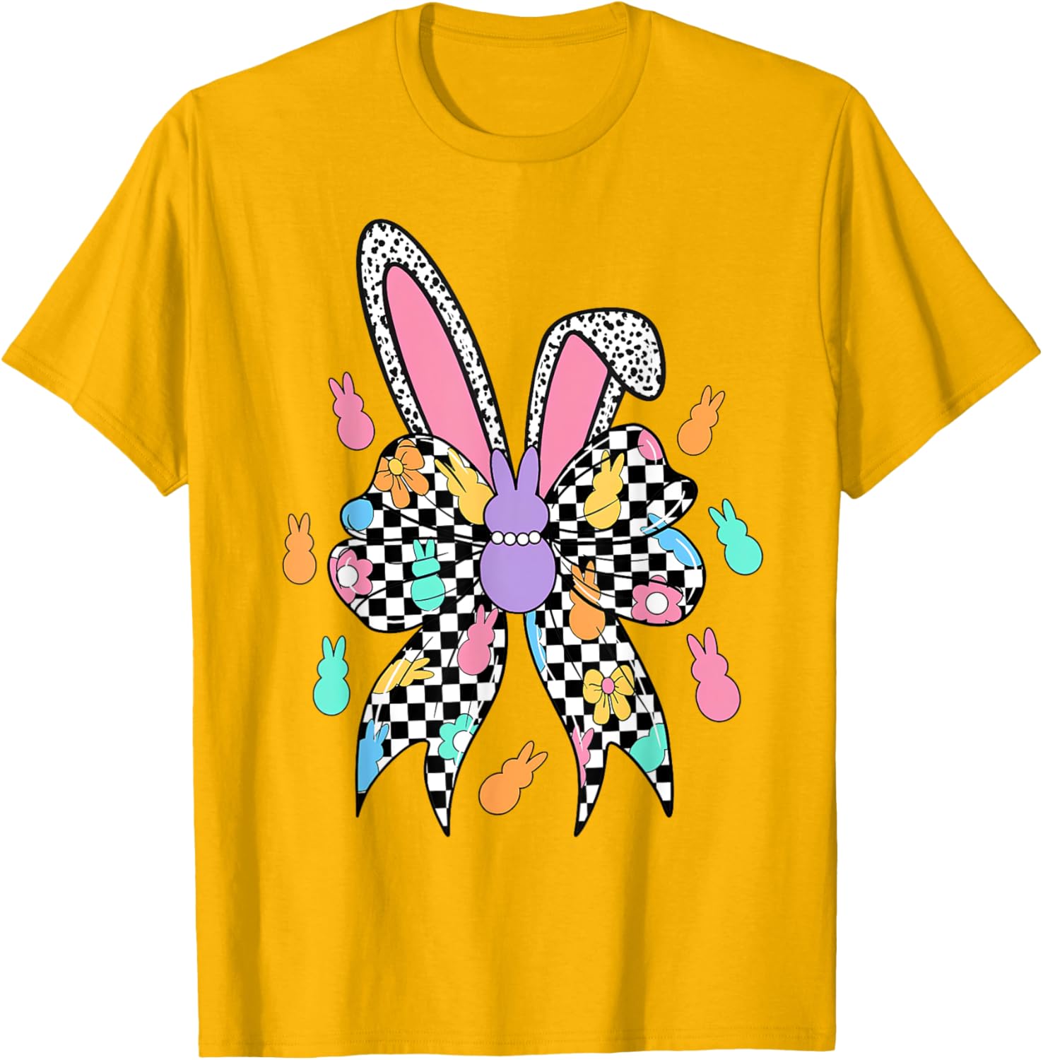 Happy Easter Checkered Bunny Bow Ears T-Shirt for Women and Girls - 4