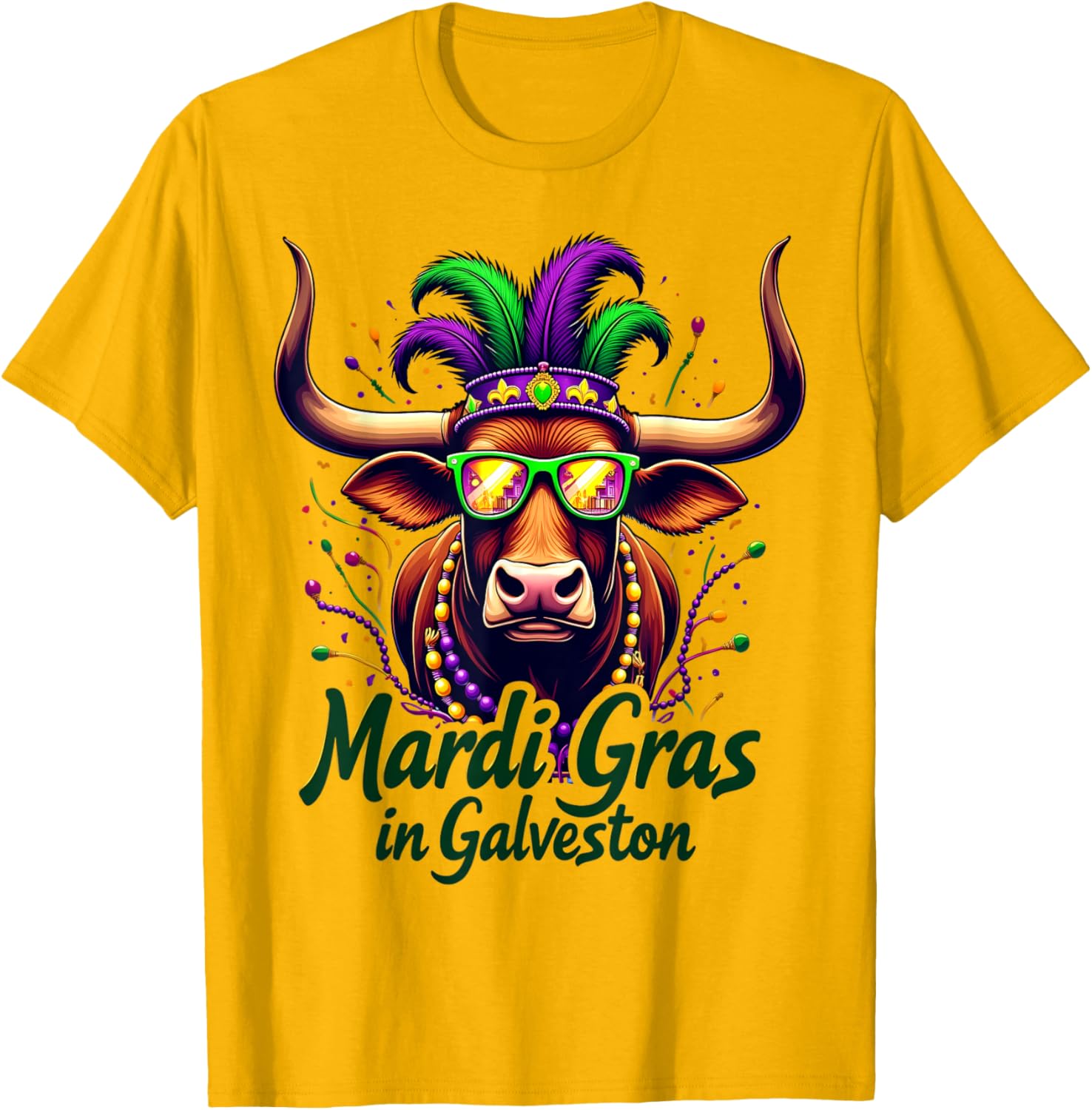 Mardi Gras Beads Galveston Cow Longhorn Texas T-Shirt for Festive Fun - 5