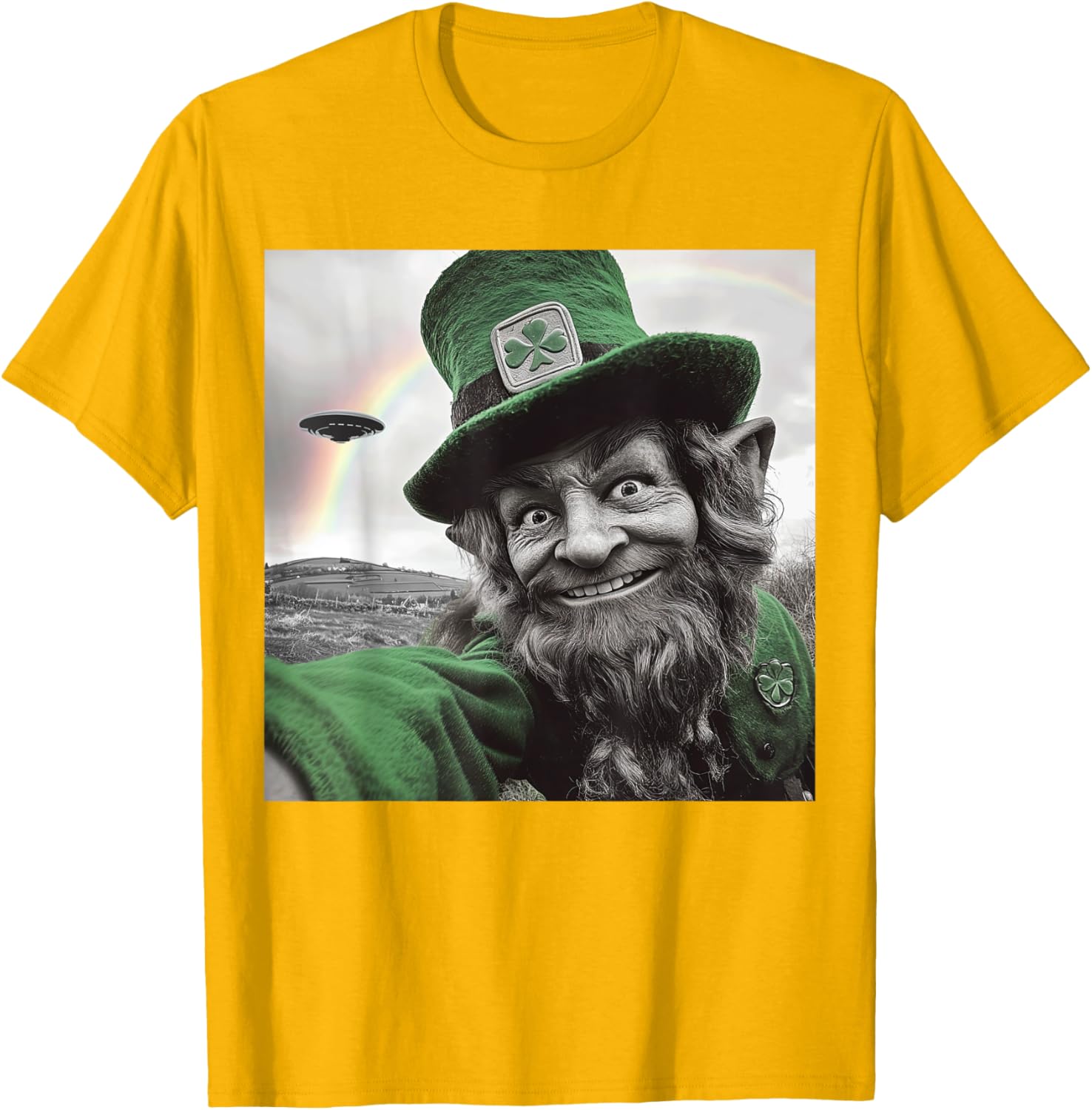 Funny St Patricks Day Rainbow Leprechaun UFO Selfie T-Shirt for Everyone - 15