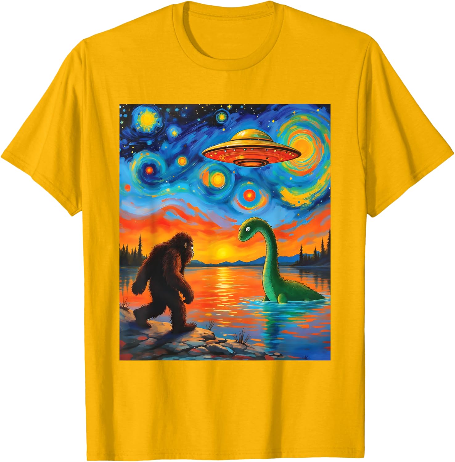 Bigfoot UFO Alien Encounter T-Shirt Inspired by Van Gogh's Starry Night - 25