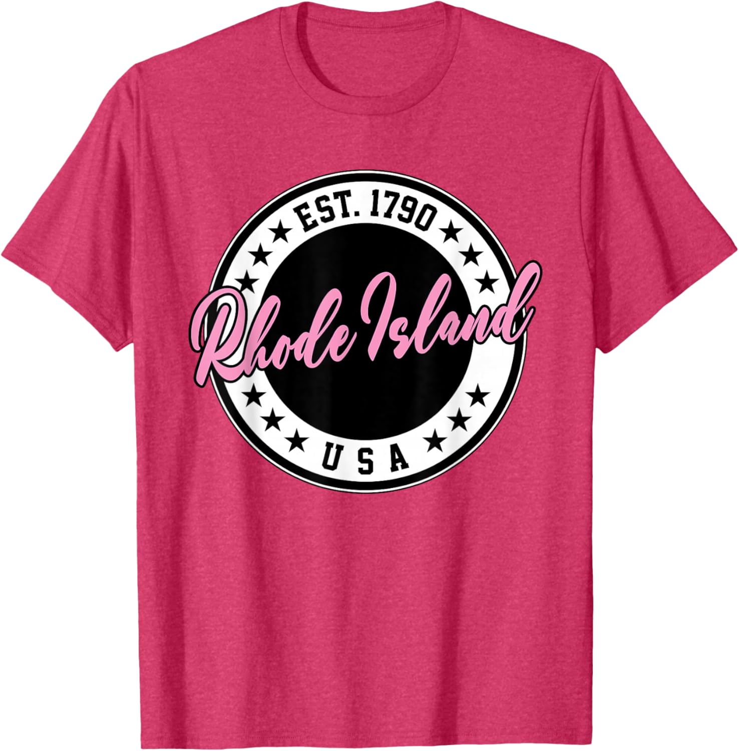 Rhode Island USA Script Circle Pink Text T-Shirt for Stylish Comfort - 25