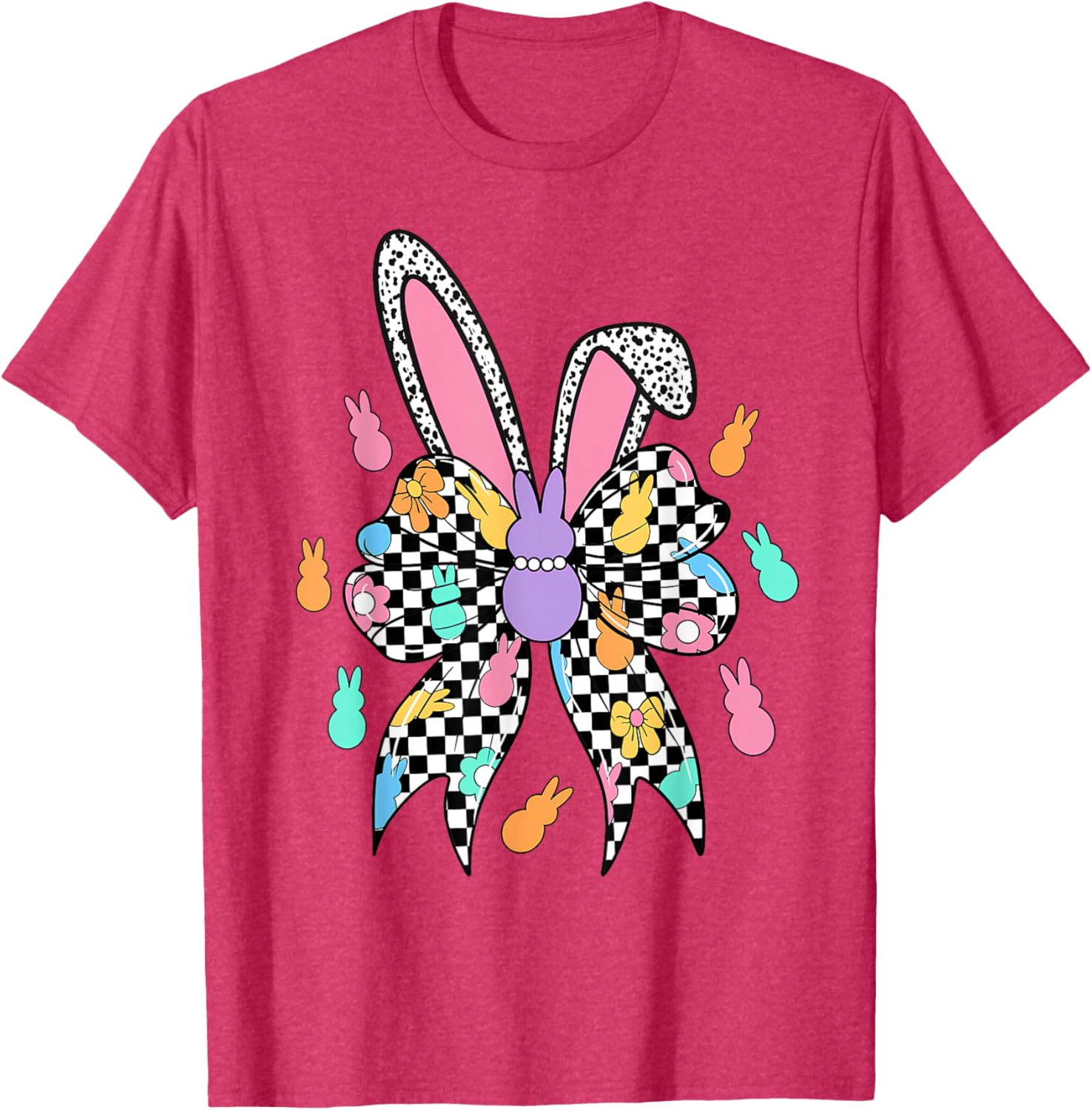 Happy Easter Checkered Bunny Bow Ears T-Shirt for Women and Girls - 1