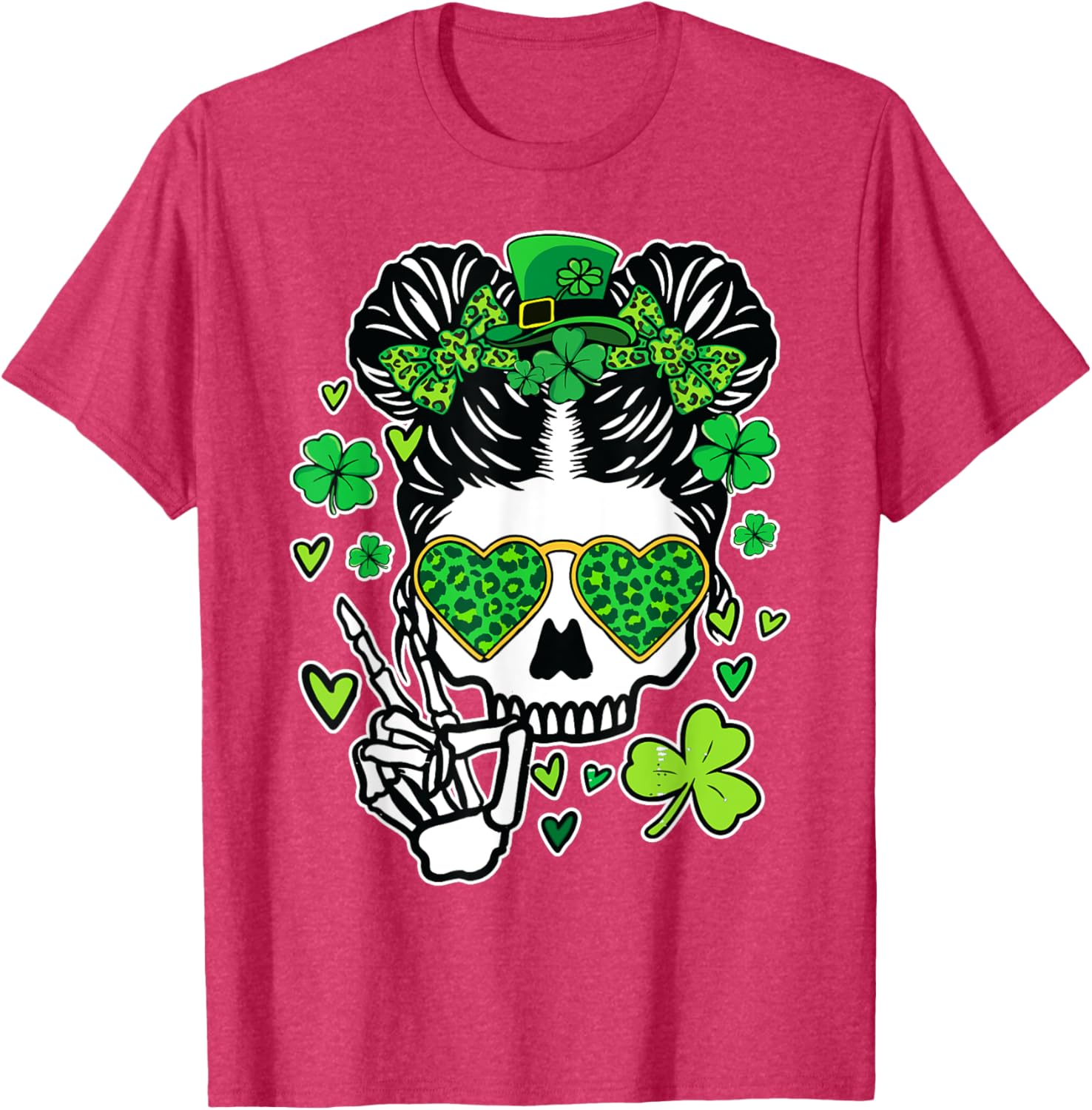 St Patrick's Day Skull Messy Bun Women’s T-Shirt for Festive Style - 10
