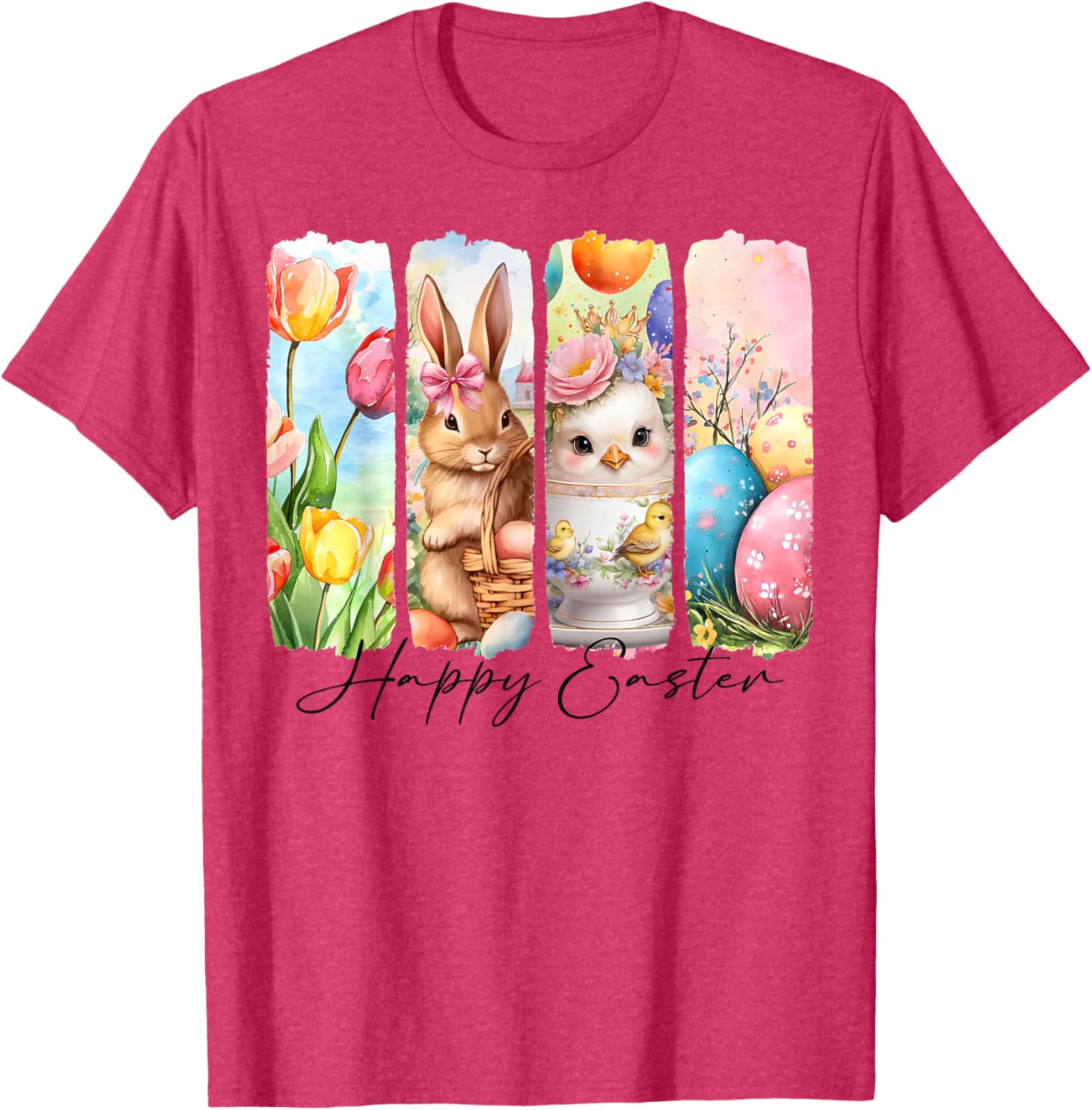 Retro Happy Easter Bunny and Chick T-Shirt with Floral Design - 2