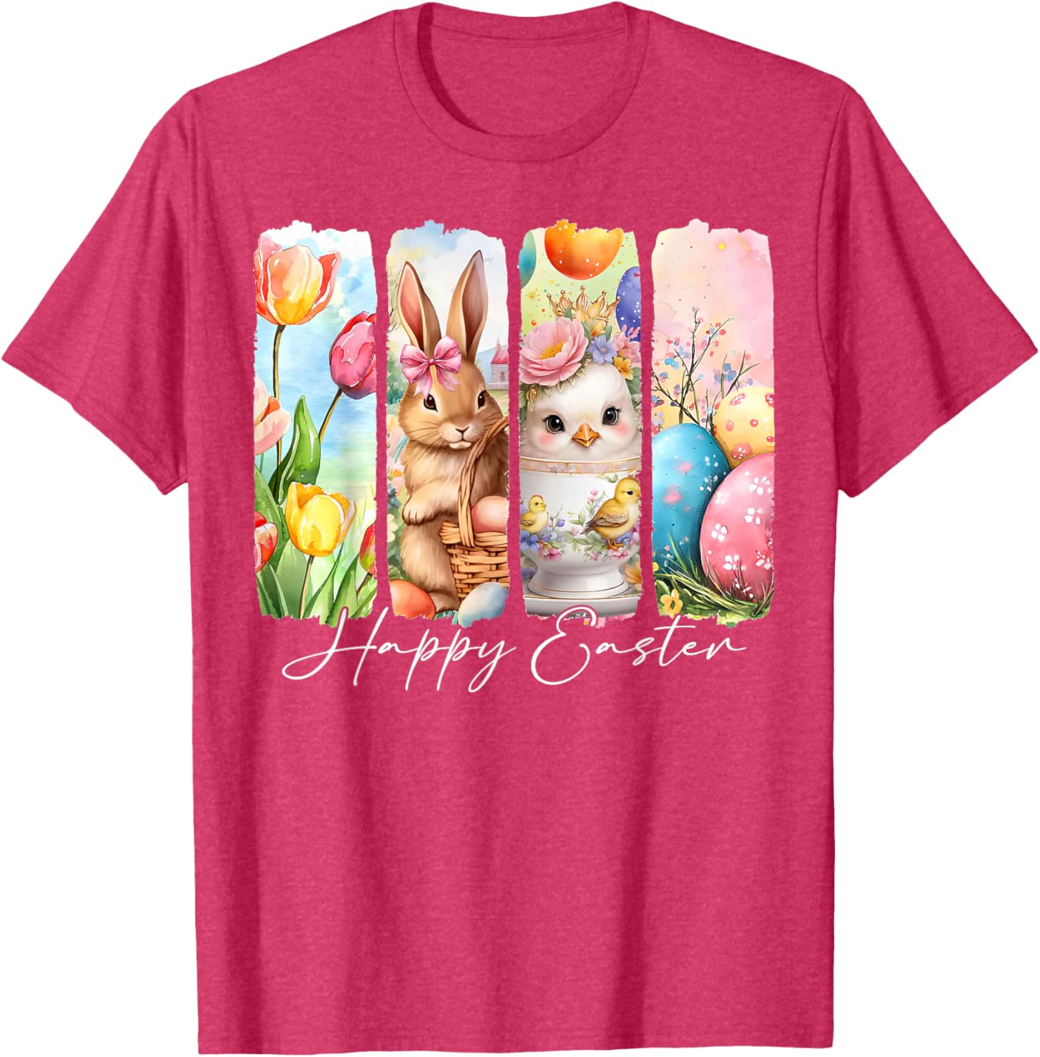 Retro Bunny and Chick Happy Easter T-Shirt with Floral Design - 12