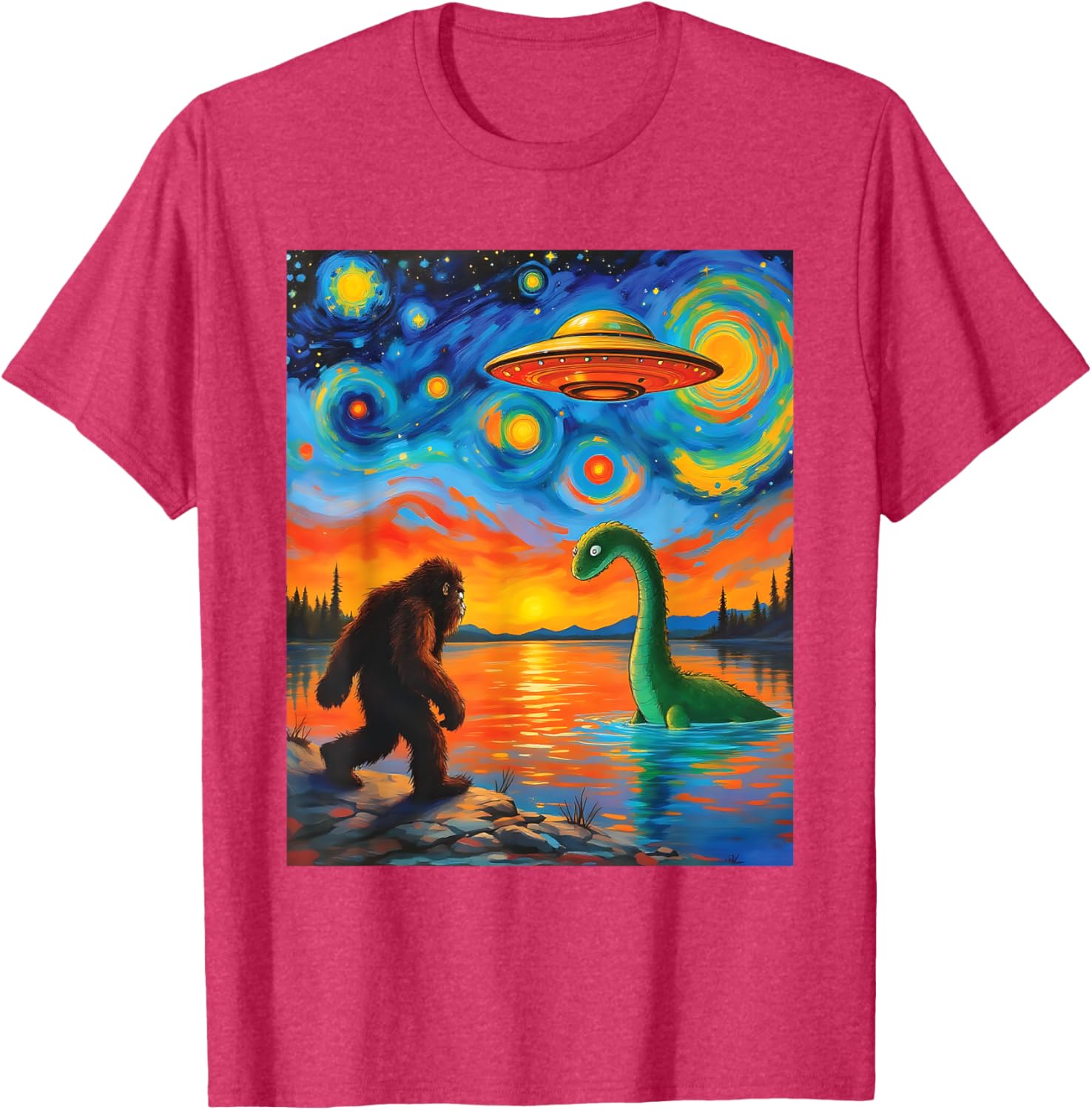 Bigfoot UFO Alien Encounter T-Shirt Inspired by Van Gogh's Starry Night - 13