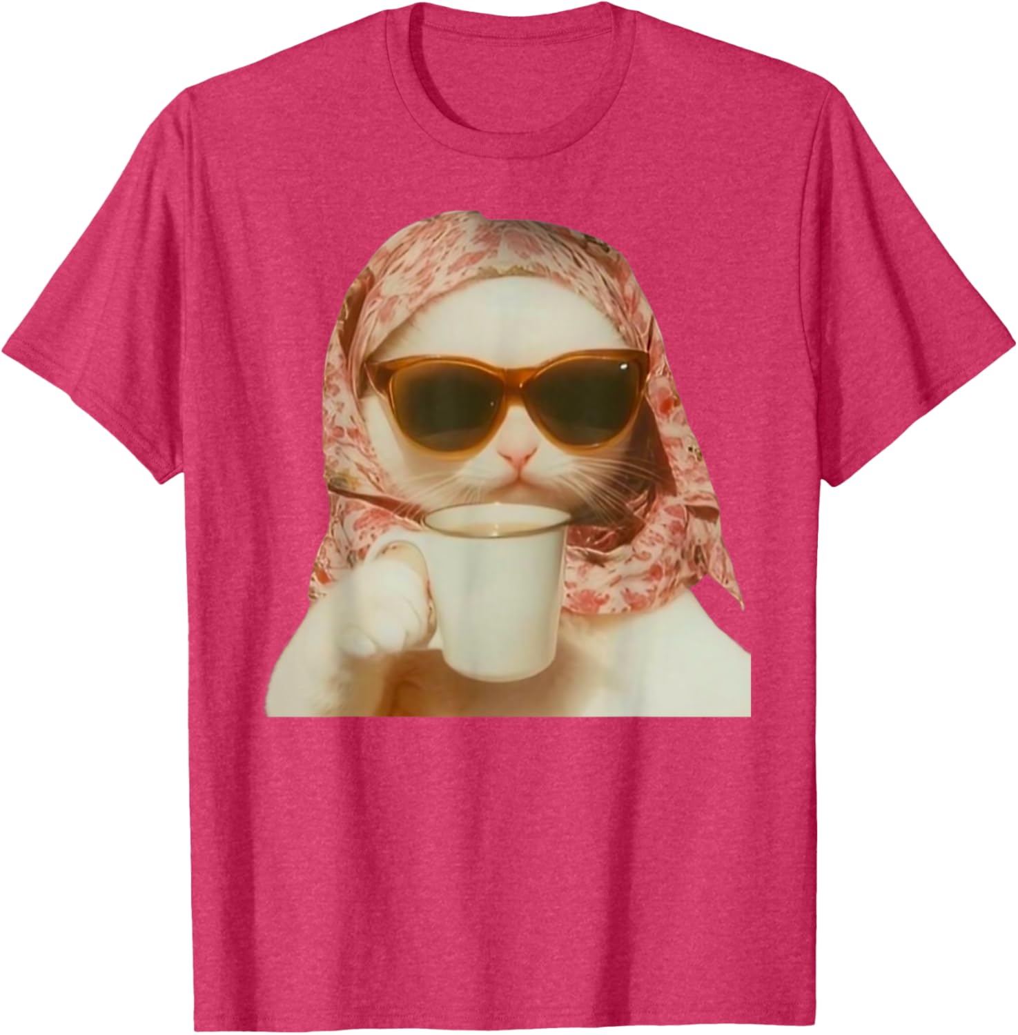 Funny Cat with Glasses and Headscarf Holding Cup T-Shirt for All Ages - 11