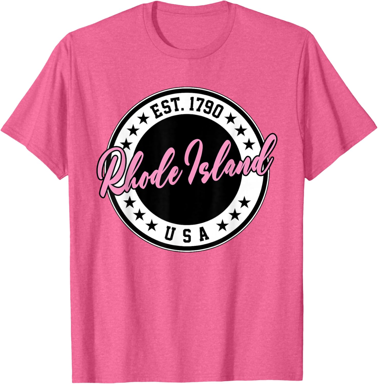 Rhode Island USA Script Circle Pink Text T-Shirt for Stylish Comfort - 6