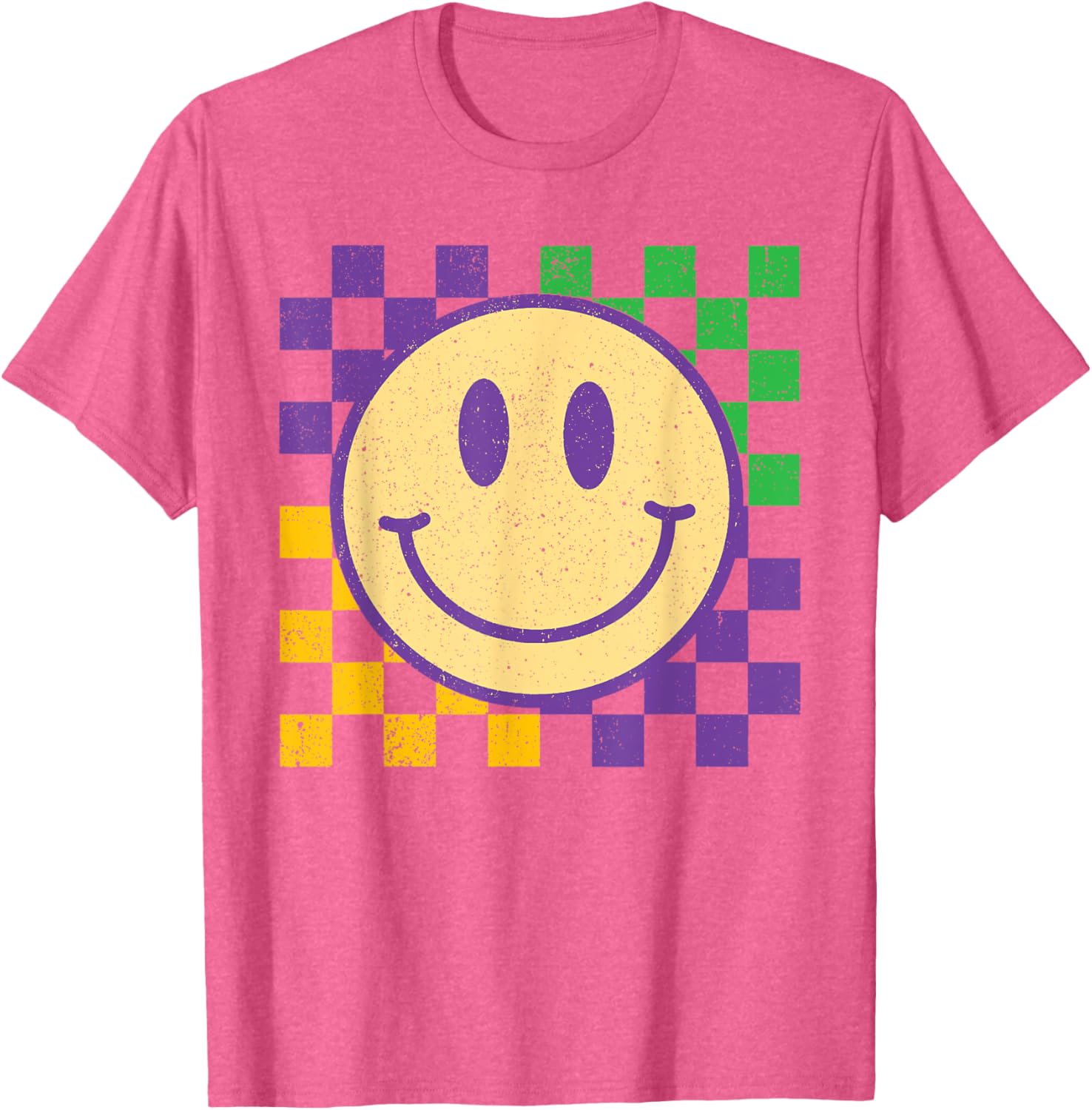 Groovy Mardi Gras Smile Face Checkered T-Shirt for Men, Women, Kids - 10