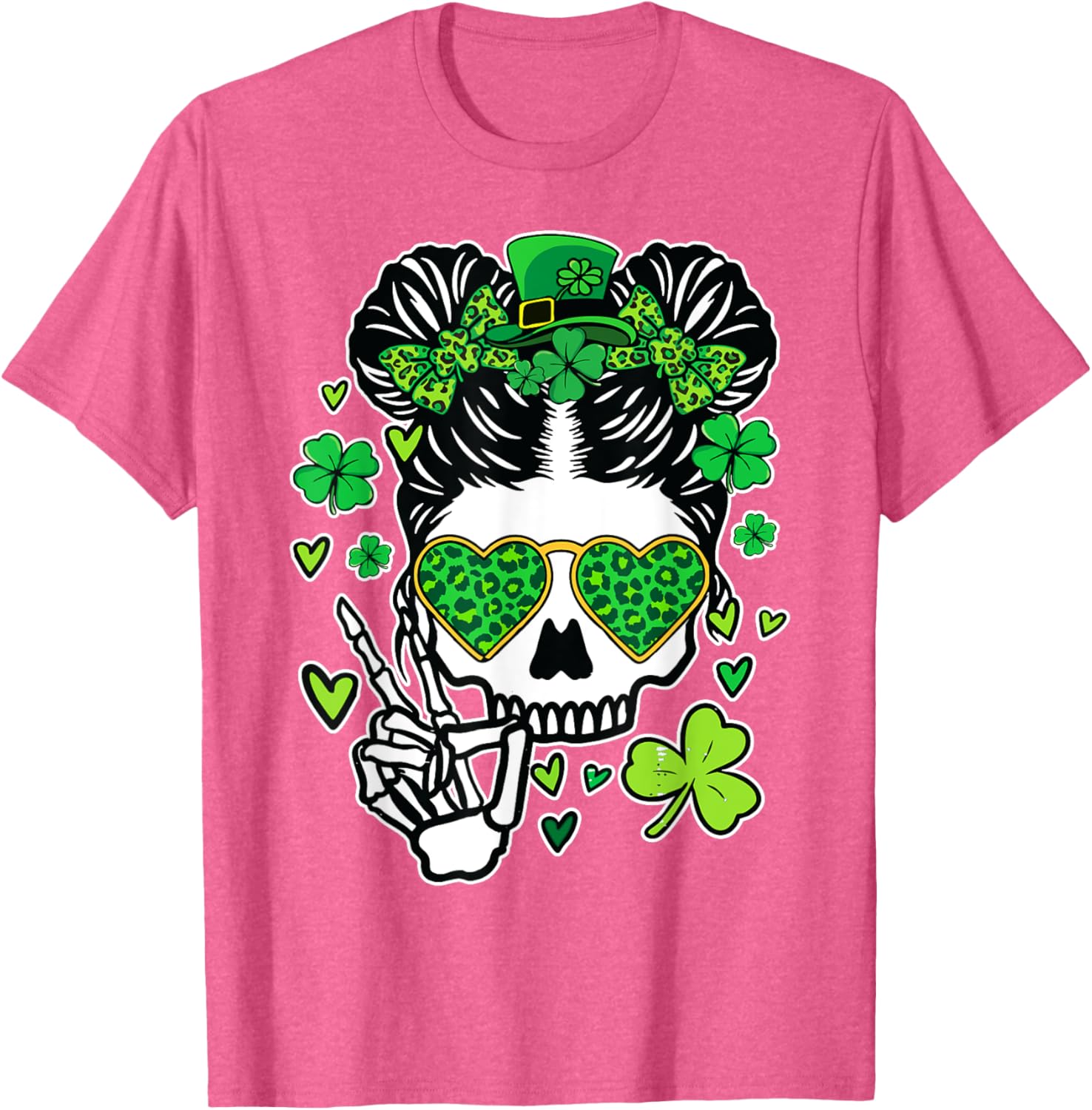 St Patrick's Day Skull Messy Bun Women’s T-Shirt for Festive Style - 16