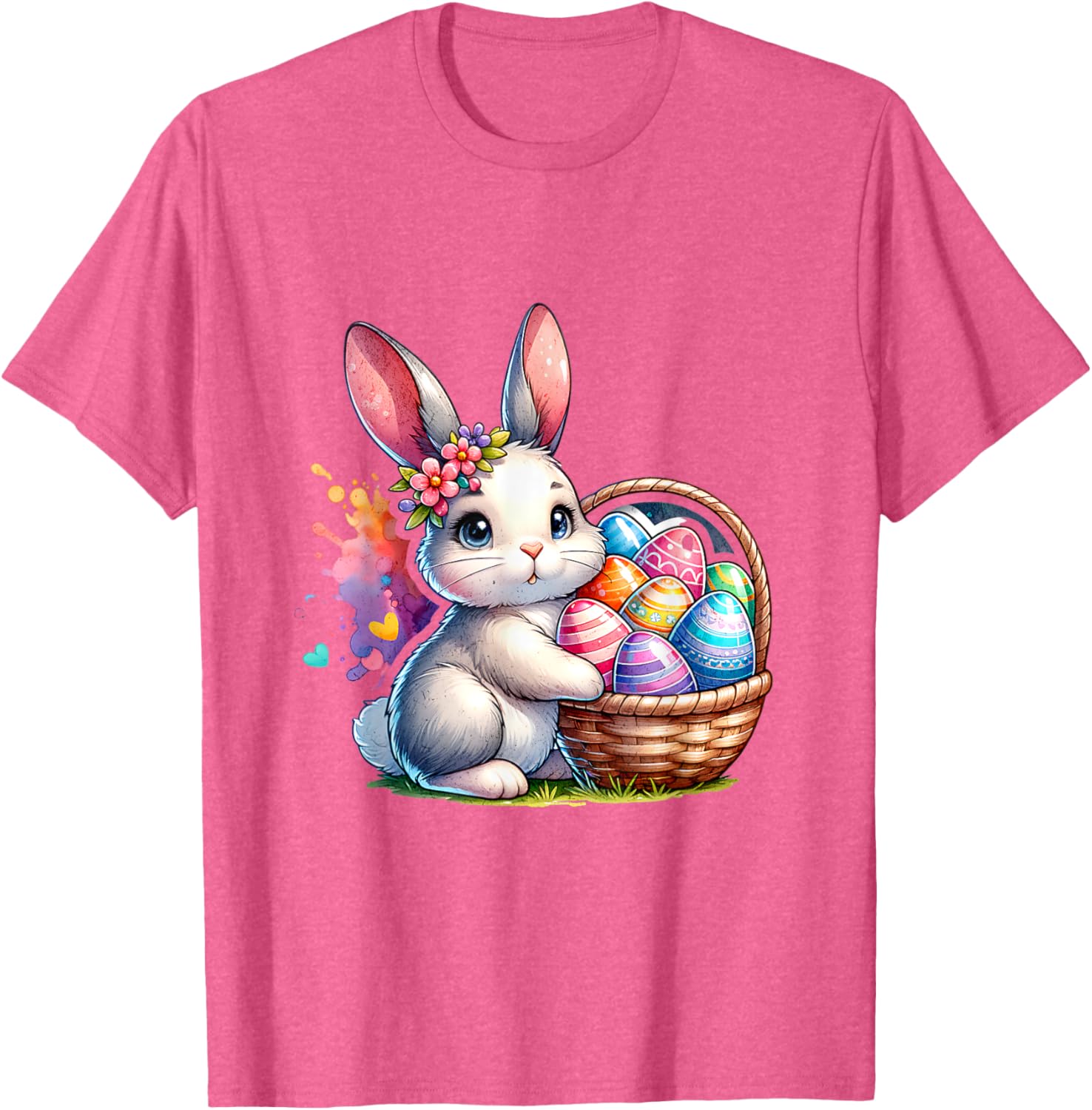 Cute Cottagecore Easter Bunny Ears Kids T-Shirt with Egg Basket Design - 1