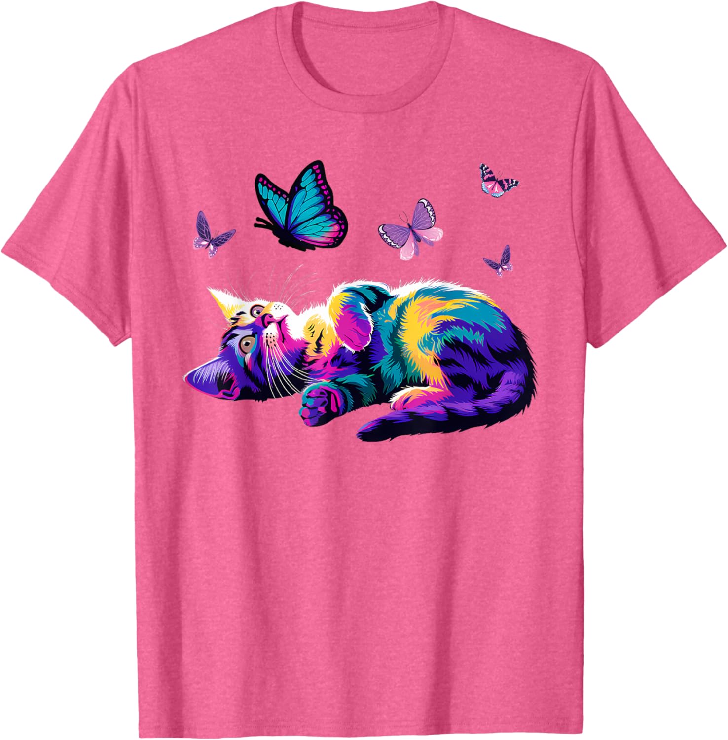 Colorful Cute Cat Playing with Butterfly T-Shirt for Cat Lovers Kids and Adults - 1
