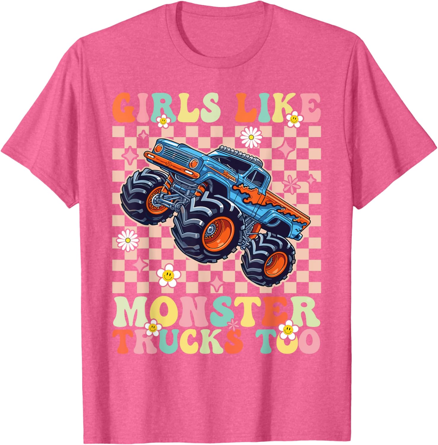 Funny Girls Love Monster Trucks Too Pink T-Shirt for Kids and Teens - 12
